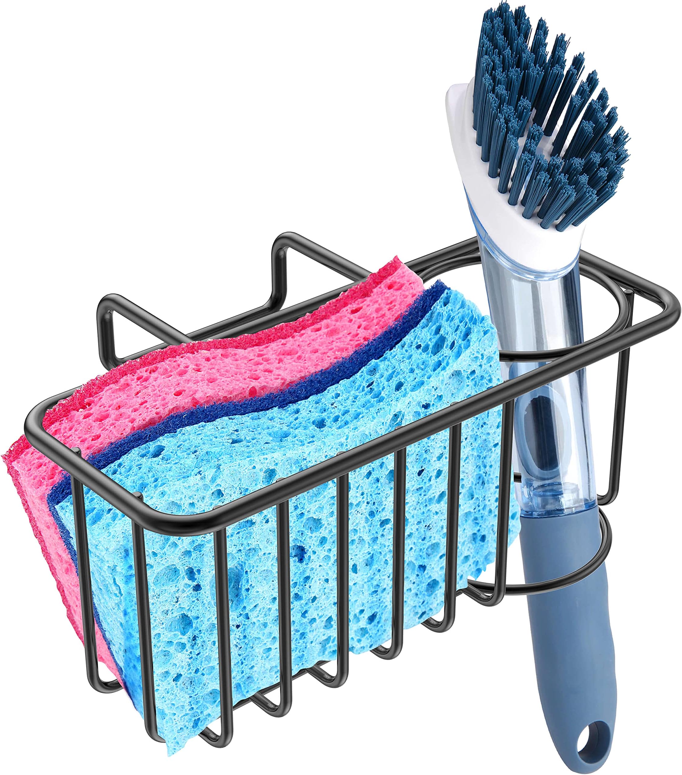 2-in-1 Kitchen Sink Caddy Sponge Holder + Dish Brush Holder, Sink Sponge Organizer Basket Rack, SUS304 Stainless Steel - Black