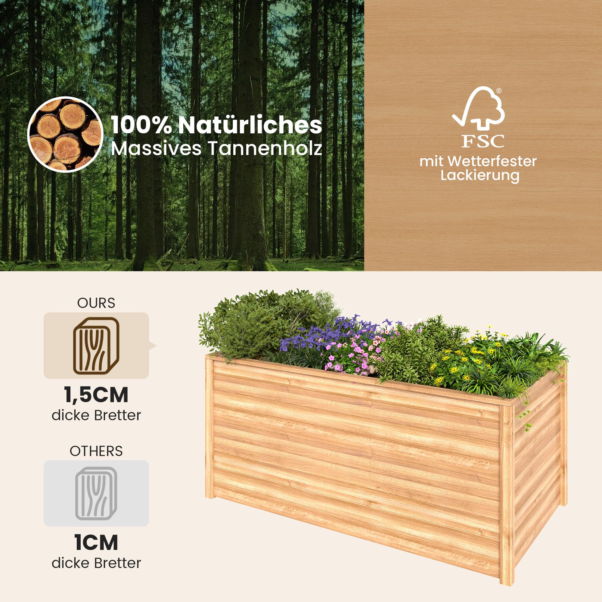 Amopatio Hochbeet Holz, 168x88x80cm, Pflanzkasten, Blumenkasten für Garten, 1200L Pflanzbeet, Kräuterbeet, Gemüsebeet, Blumenbeet für Balkon, Terrasse, Pflanzkübel, Natur