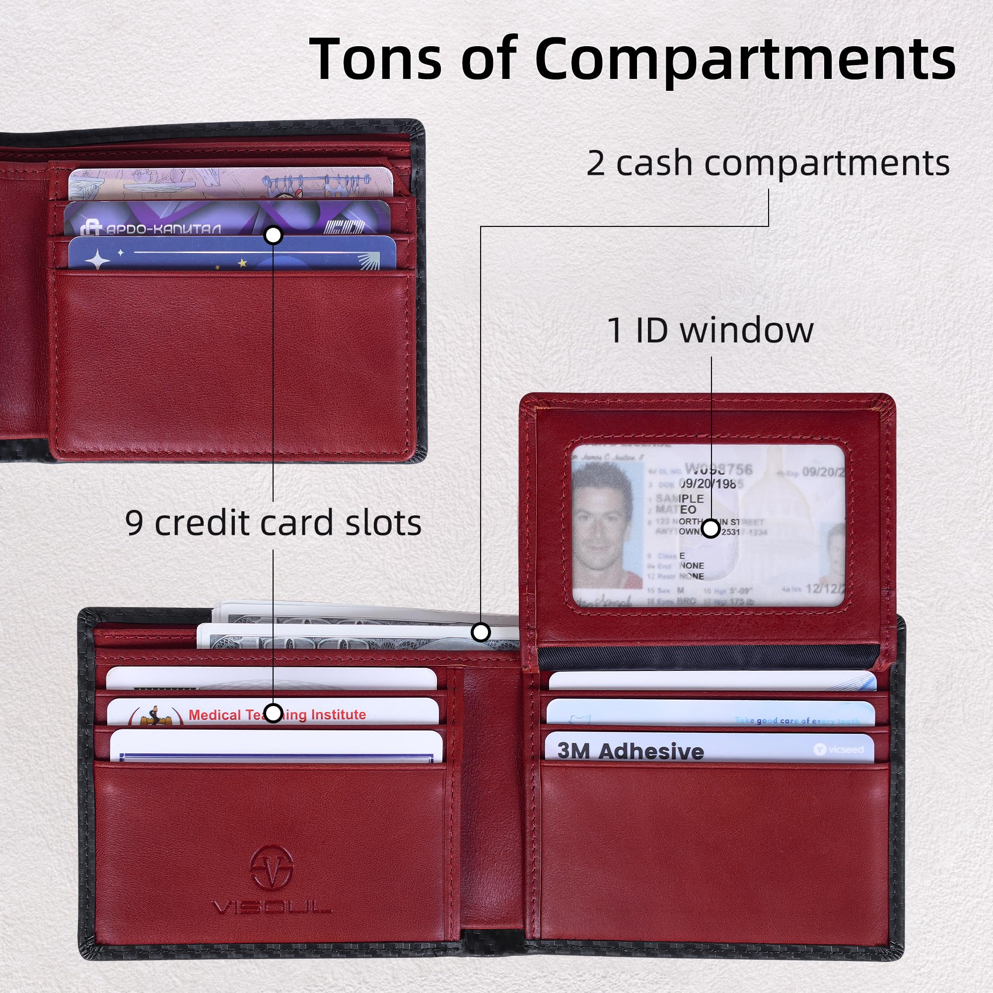 VISOUL Cartera de Cuero de Fibra Carbono para Hombres con Bloqueo RFID Billetera Plegable de Cuero Genuino Hombres con Ventana de ID Abatible hacia Arriba y 9 Ranuras para Tarjetas-Negro+Rojo Marrón
