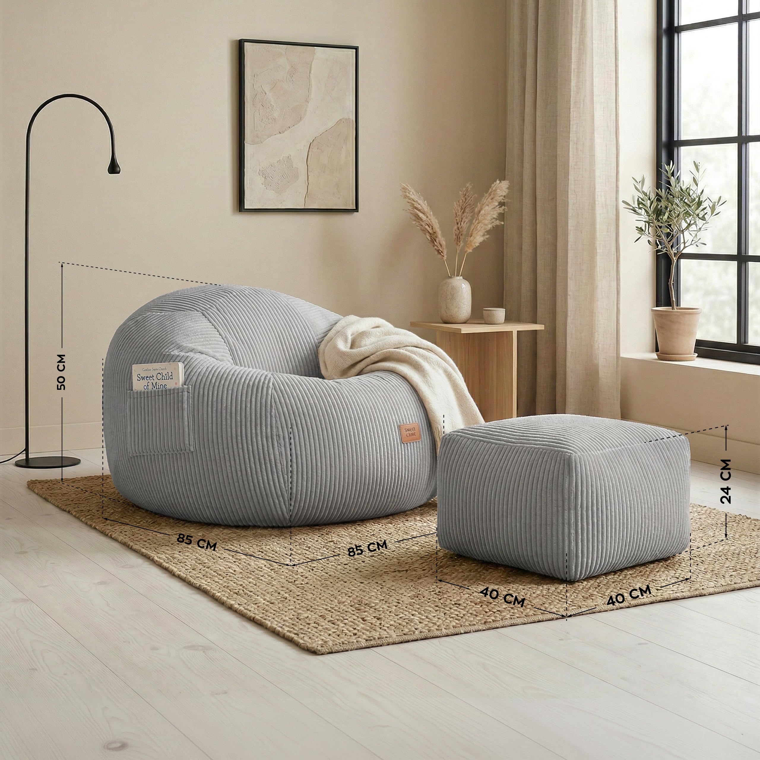 MARK ADLER Comfy 3.0 Fauteuil Pouf XXL avec Repose-Pieds en Velours Côtelé – Ensemble Siège de Sol – Bean Bag Salon Moelleux avec Poche et Poignée - Idéal pour, Terrasse et Jardin – Gris
