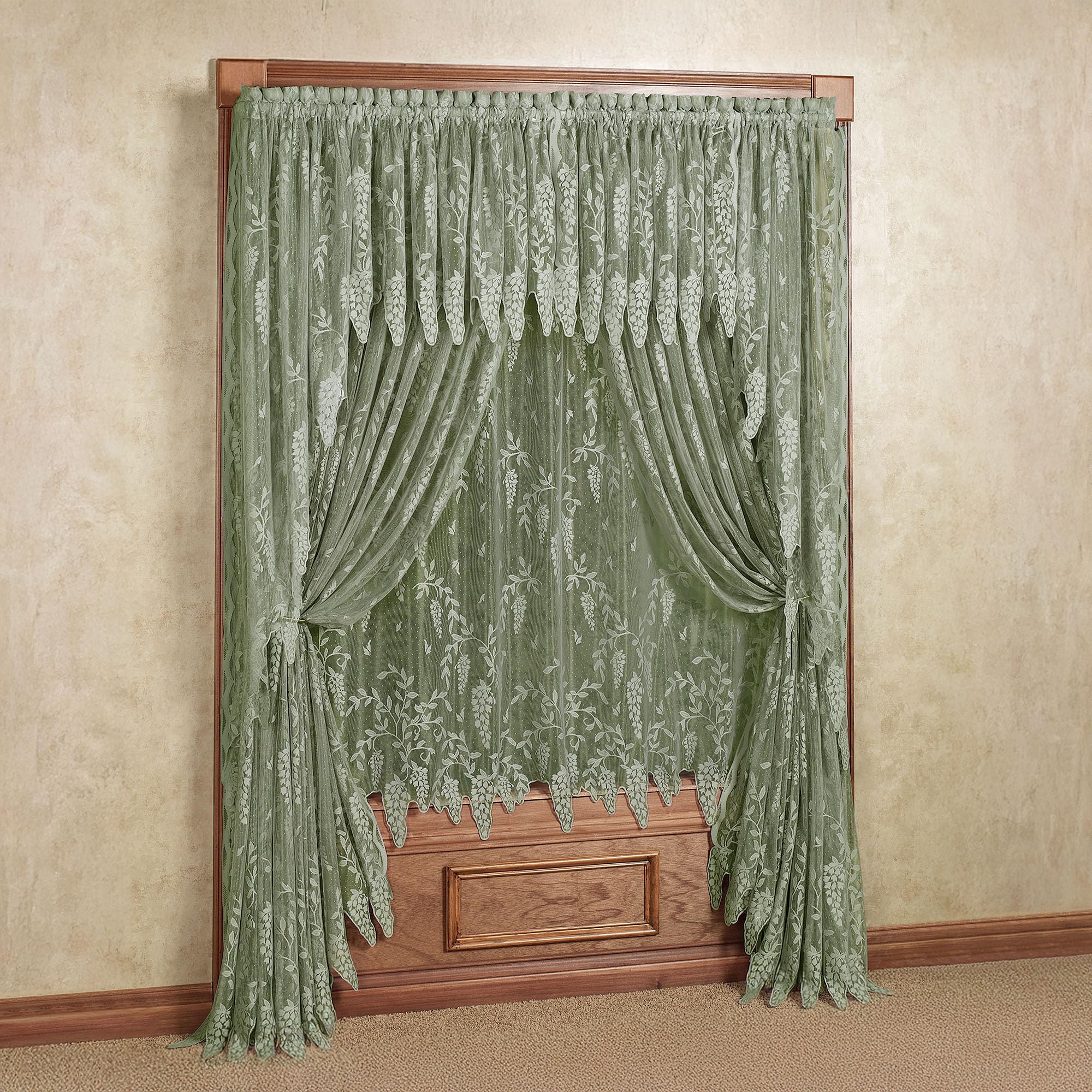 Luxury Sheer Polyester Wisteria Arbor Lace Window Treatment | 6 Piece Set: Two Insert Valances, 63L Swag Pair, 63L and 84L Panels | Classic Flower | Sage | Rod Pocket | Machine wash | Light Filtering