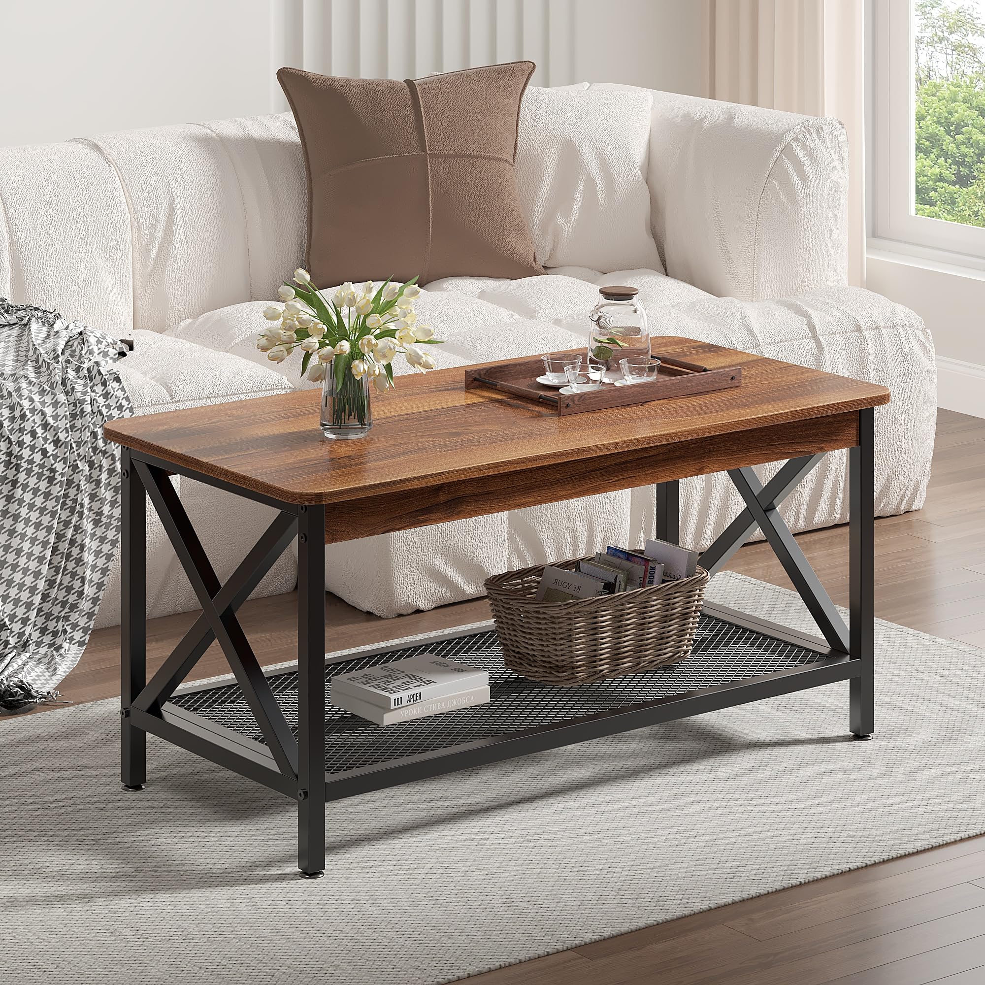 Amazon.com: VECELO Coffee Table with 2-Tier Storage Shelf X-Frame