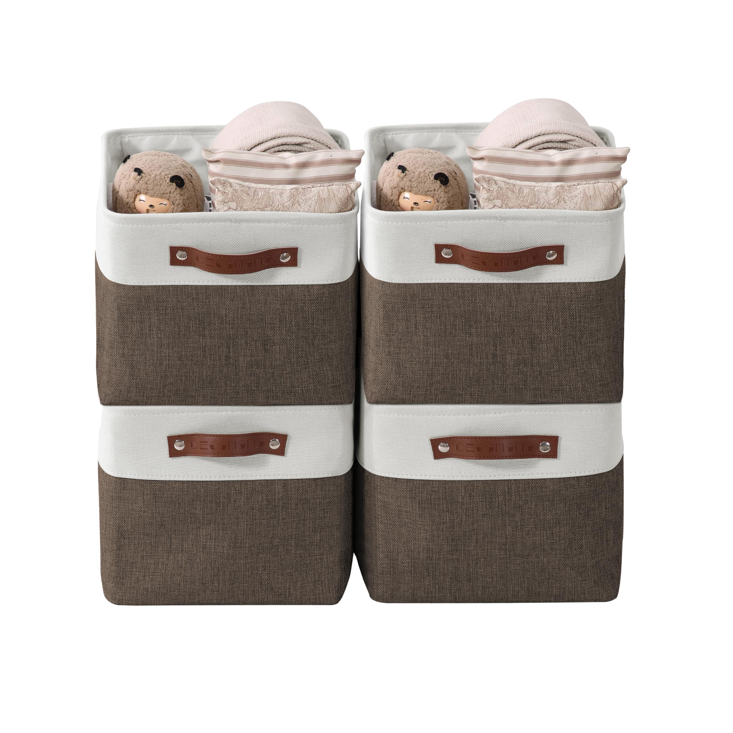 DECOMOMO Storage Baskets for Shelves - Fabric Storage Bins, Linen Closet Organizers and Storage (Brown & White, Large - 4 Pack)