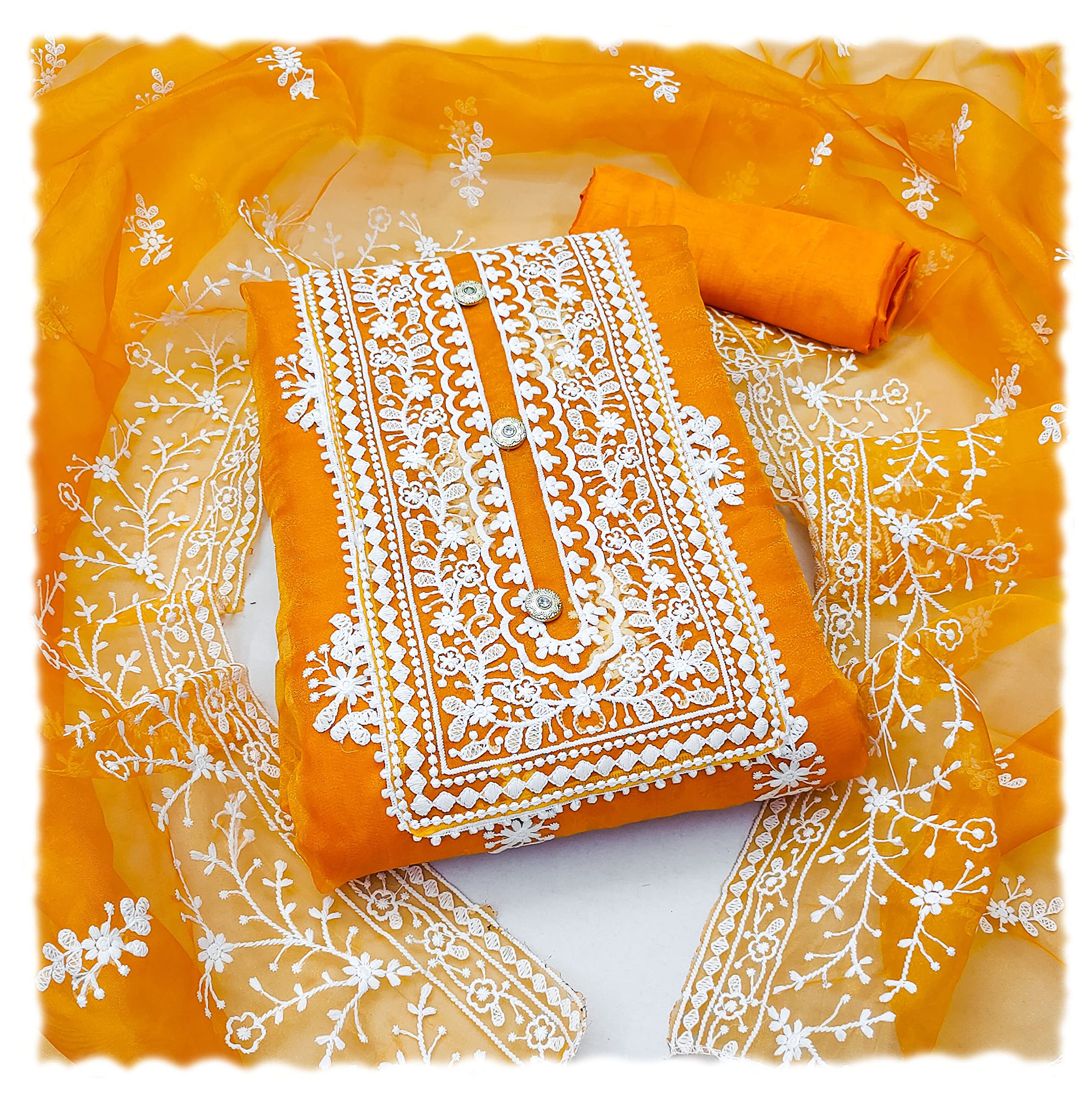 SidhidataWomen's Organza Embroidered Unstitched Salwar Suit Dress Material With Embroidery Work Dupatta (DM HumTum_Free Size)