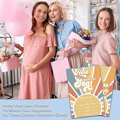 Miniatura 4 de 25 invitaciones retro para baby shower (4 x 6 pulgadas), Here Comes The Son Baby Shower de doble cara, suministros de decoración de fiesta de baby