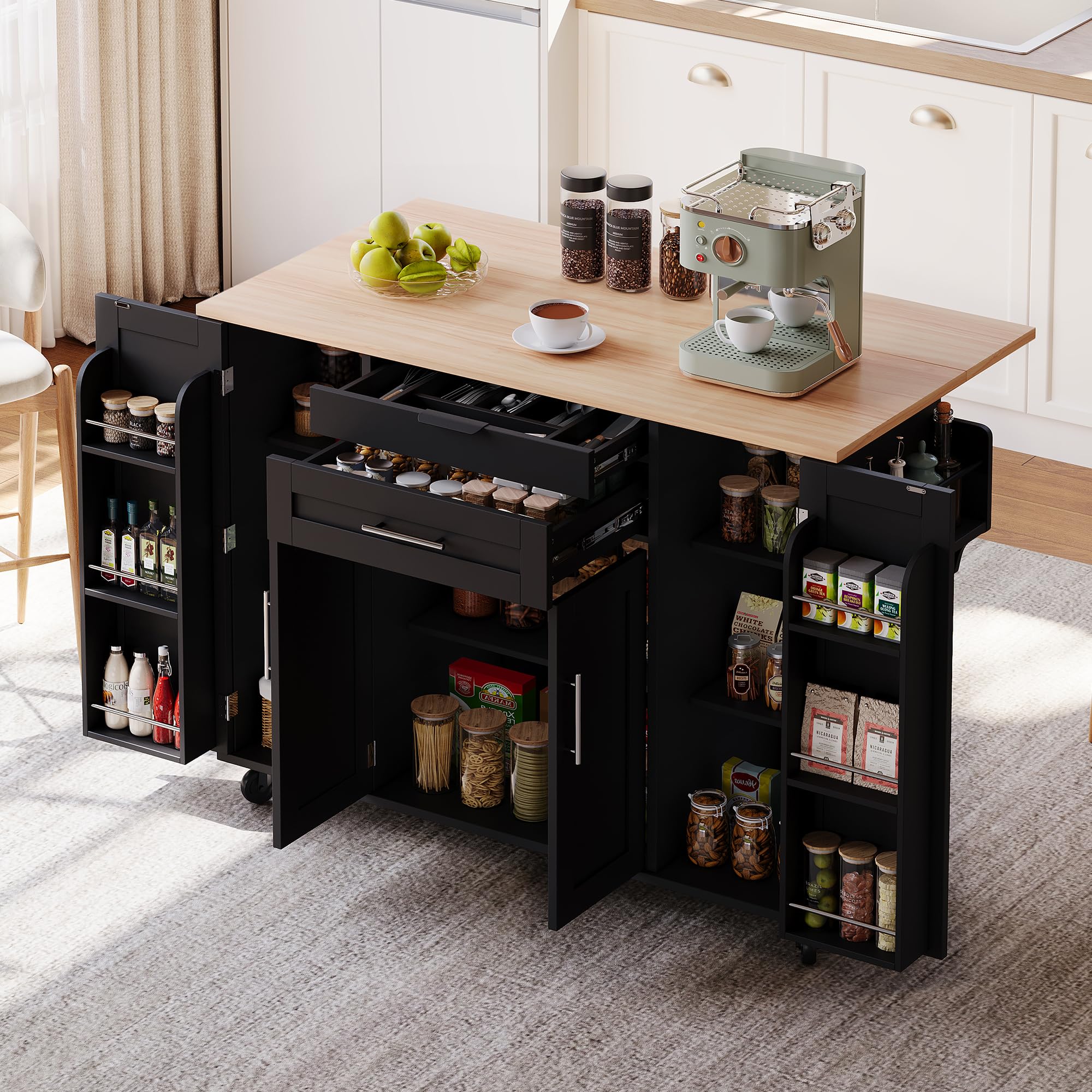 ModernLuxe Kitchen Island on Wheels, Rolling Kitchen Trolley with Foldable Tabletop, Adjustable Shelves and 2 Drawers, Versatile Storage Cabinet for Dining Room, Black, 136 x 45–70 x 92 cm
