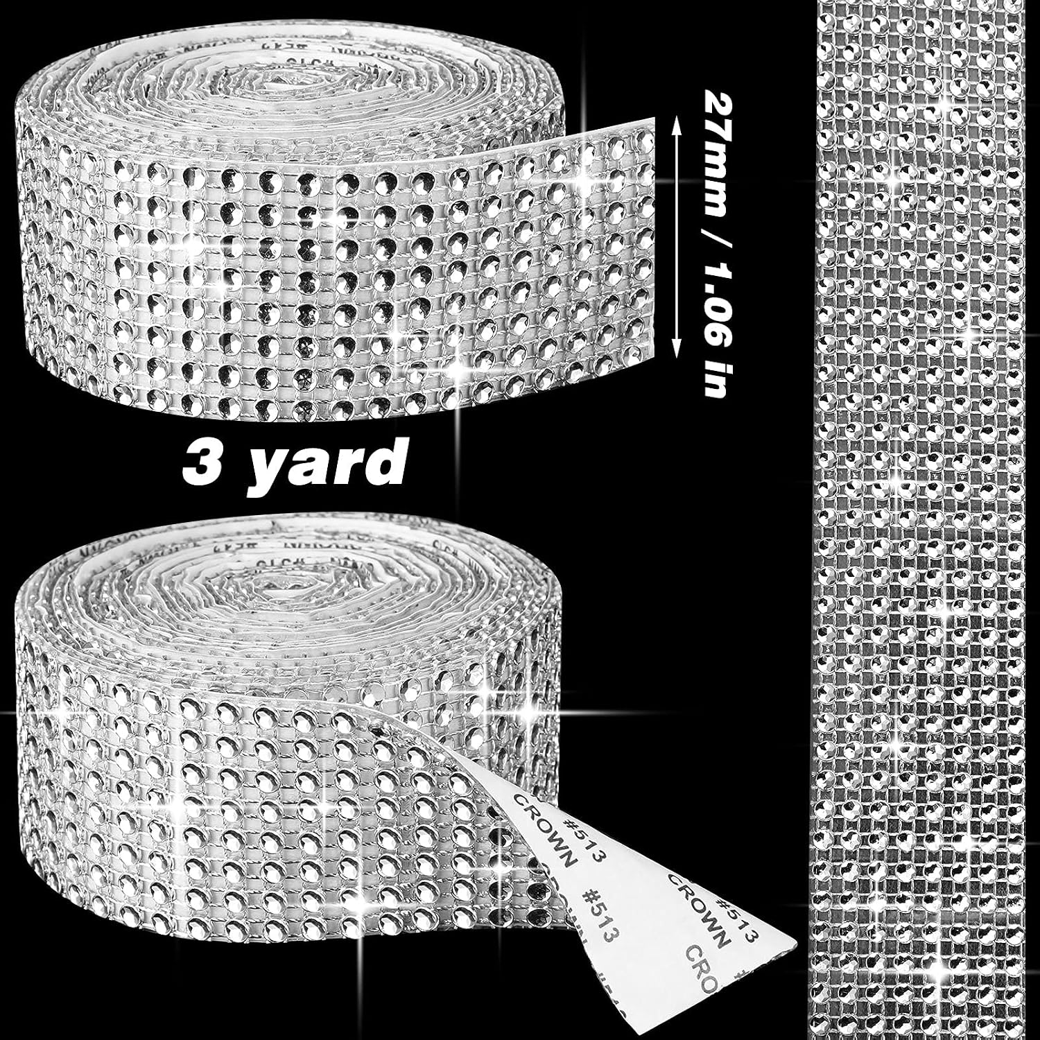 3 Yards Self-Adhesive Crystal Rhinestone Diamond Ribbon Wrap Mesh Diamond Sticker Roll Glitter Decorative Banding Belt Sticker for Art Craft DIY Car Decoration, 1.57 Inch Wide (Silver)
