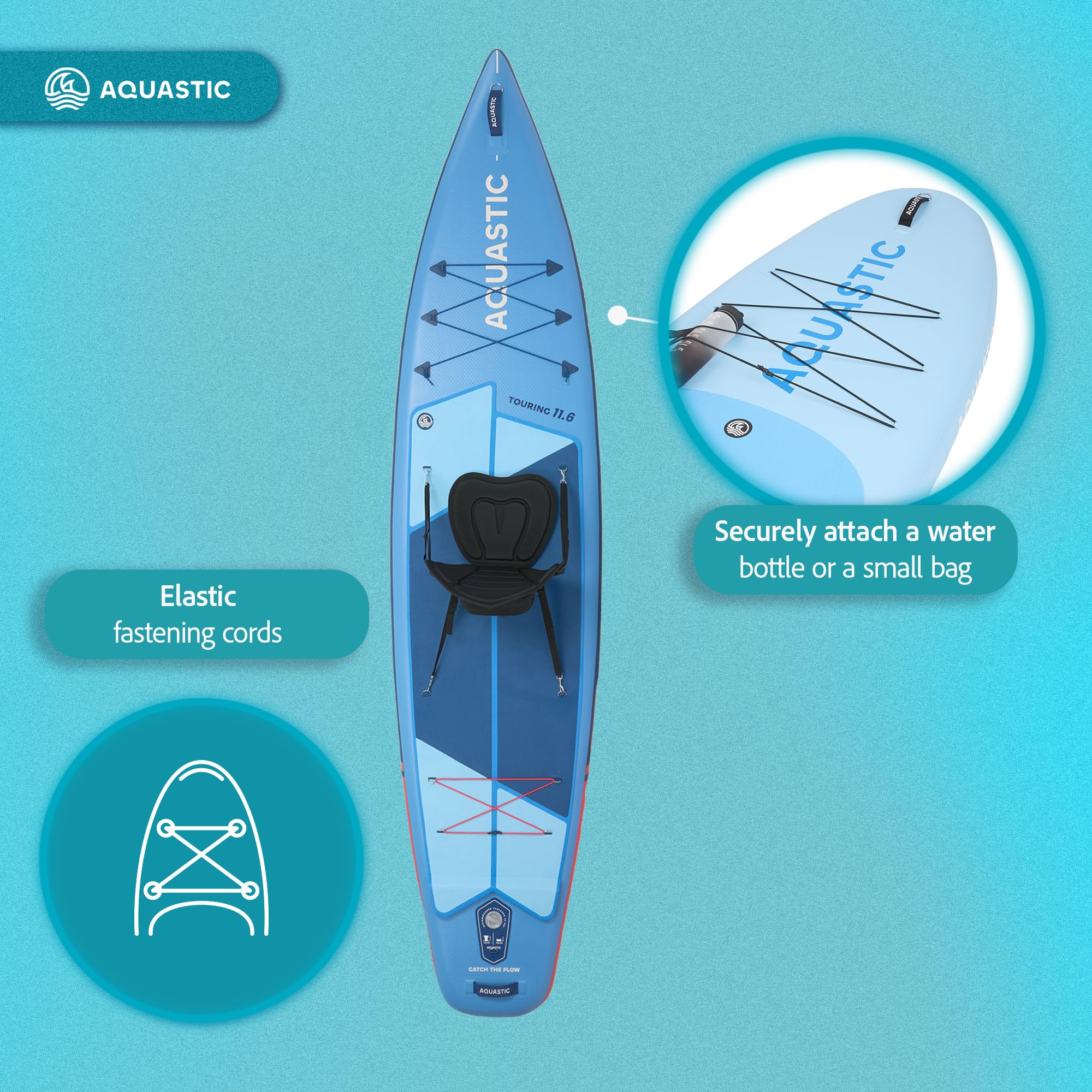 AQUASTIC Touring - Tabla Hinchable, 350 cm, con Asiento de Kayak, Remo, Bomba y Mochila