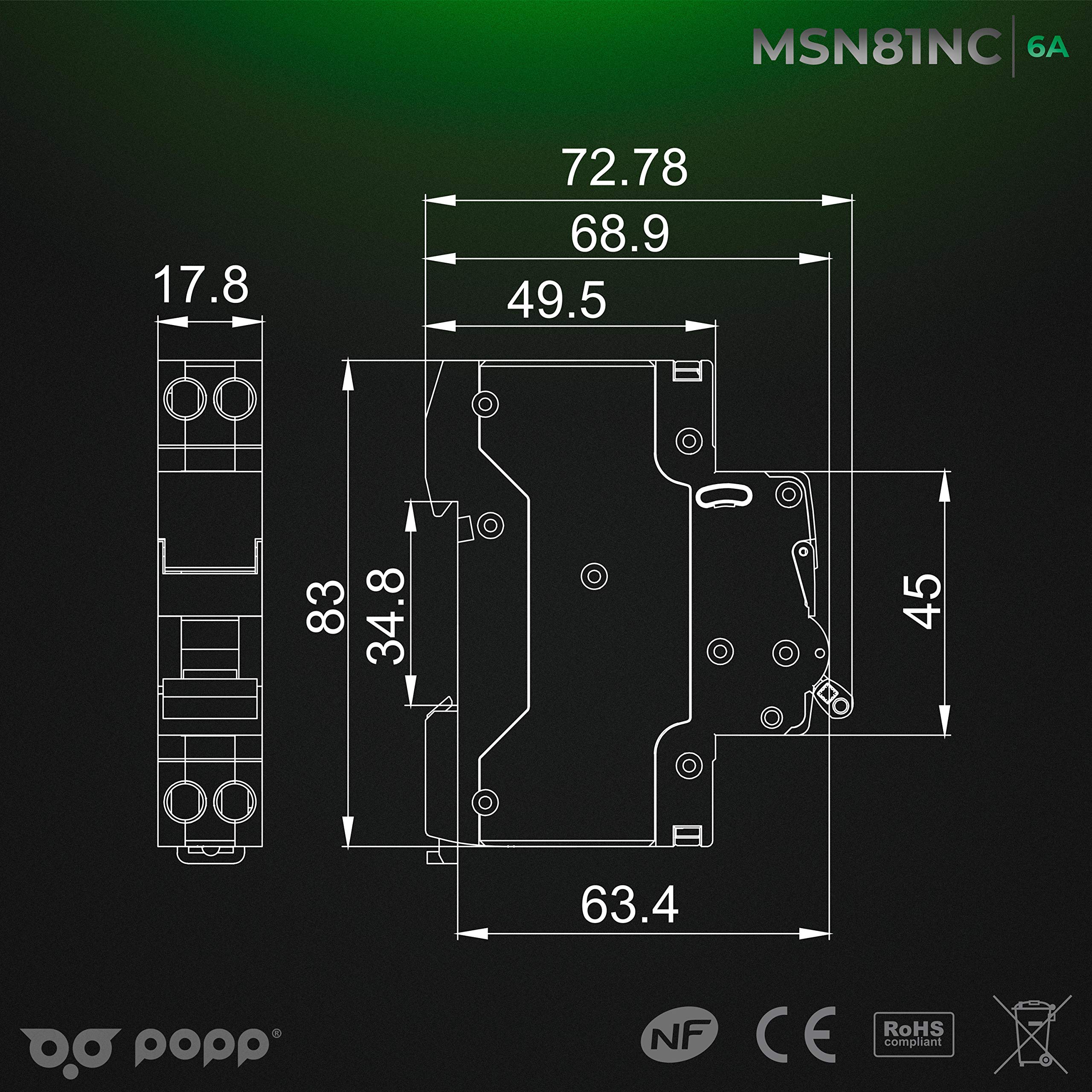 POPP® Interruptor Automático Magnetotérmico estrecho serie DPN MSN8 gama Doméstica CURVA C corte 4500A DPN 6A,10A,16A,20A,25A,32A,40A Pack 6,12 (Pack 6, 6A)