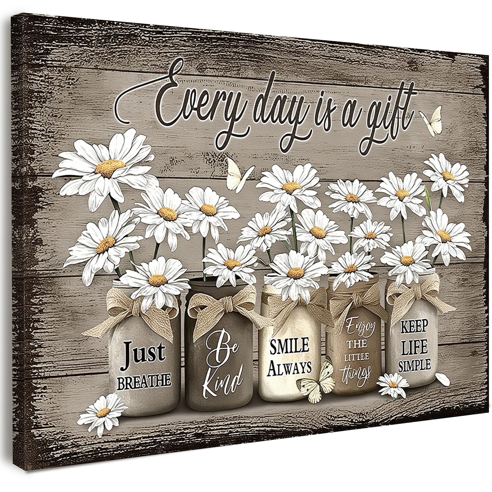 Qiukoo Framed Canvas Wall Art with Hanging Hooks Rustic Daisy and Mason Jar Print Every Day Is a Gift with Inspirational Quotes Farmhouse Wall Décor for Bedroom Living Room Hallway or Stairs 16" x 20" — image 1