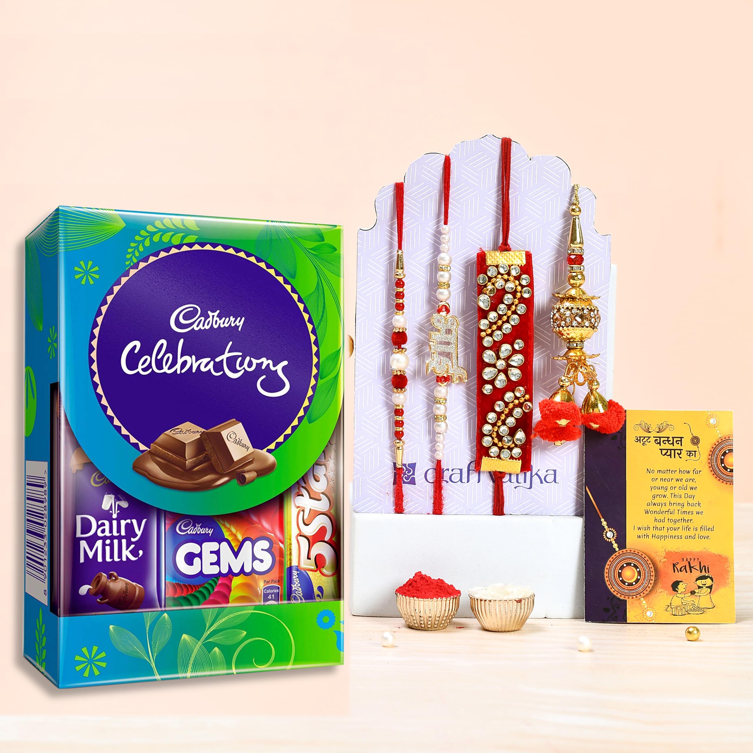CraftVatika Premium Kundan Rakhi Set of 4 with Cadbury Celebration Chocolates Gift Pack Box, Set of 4 Rakhis For Bhaiya Bhabhi Kwith Rakshabandhan Greeting Card,Lumba Rakhi for Bhabhi-picture-20