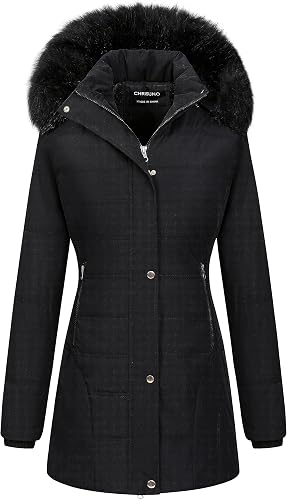Chrisuno Women Casual Warm Winter Parka Faux Fur Quilted Jacket 2 Way Zipper ski