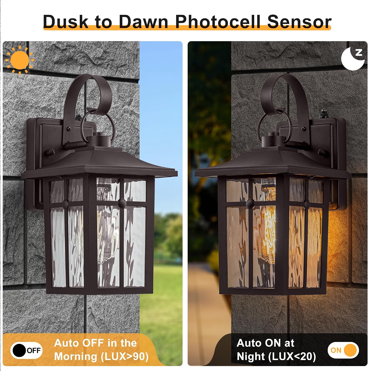 2 Pack Dusk to Dawn Outdoor Lighting, Oil Rubbed Bronze Exterior Light Fixtures with Ripple Glass, Waterproof Aluminum Porch Lights, Outside Lantern Light for Entryway, Garage, Patio