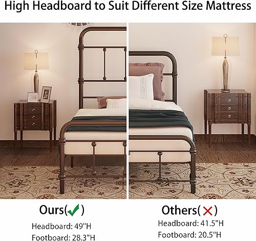 Miniatura 6 de Marco para cama individual, estilo vintage, granja, 49 pulgadas de alto, de hierro, base de colchón con plataforma, no necesita somier (bronce