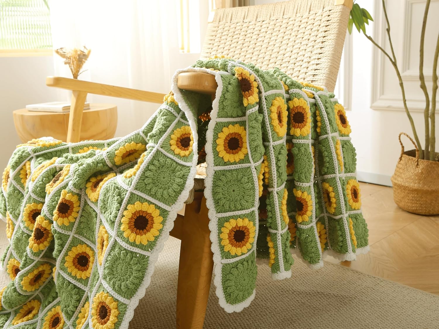Crochet Granny Blankt, Boho Knitted Sunflower Throw Blanket, Travel Cushion for Sofa Comforter Couch Bed Room Decor y2k (59"x47"（150x120cm）)