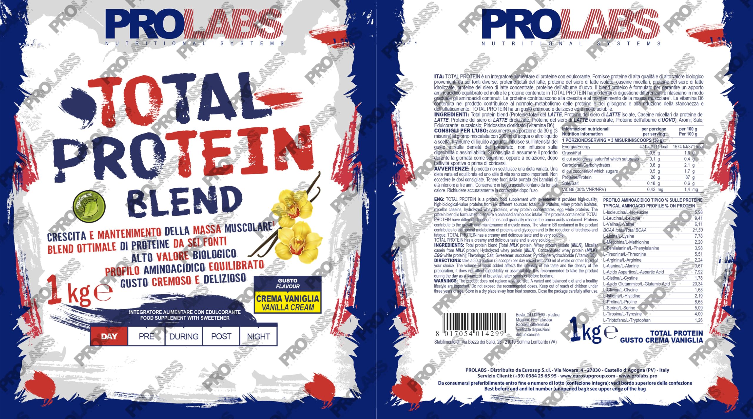PROLABS TOTAL PROTEIN – Blend di 6 Proteine con Whey Isolate, Idrolizzate e Concentrate | Rilascio Graduale | Supporto Massa Muscolare | Con Vitamina B6 | Ottima Solubilità | 1000 g | Crema-Vaniglia