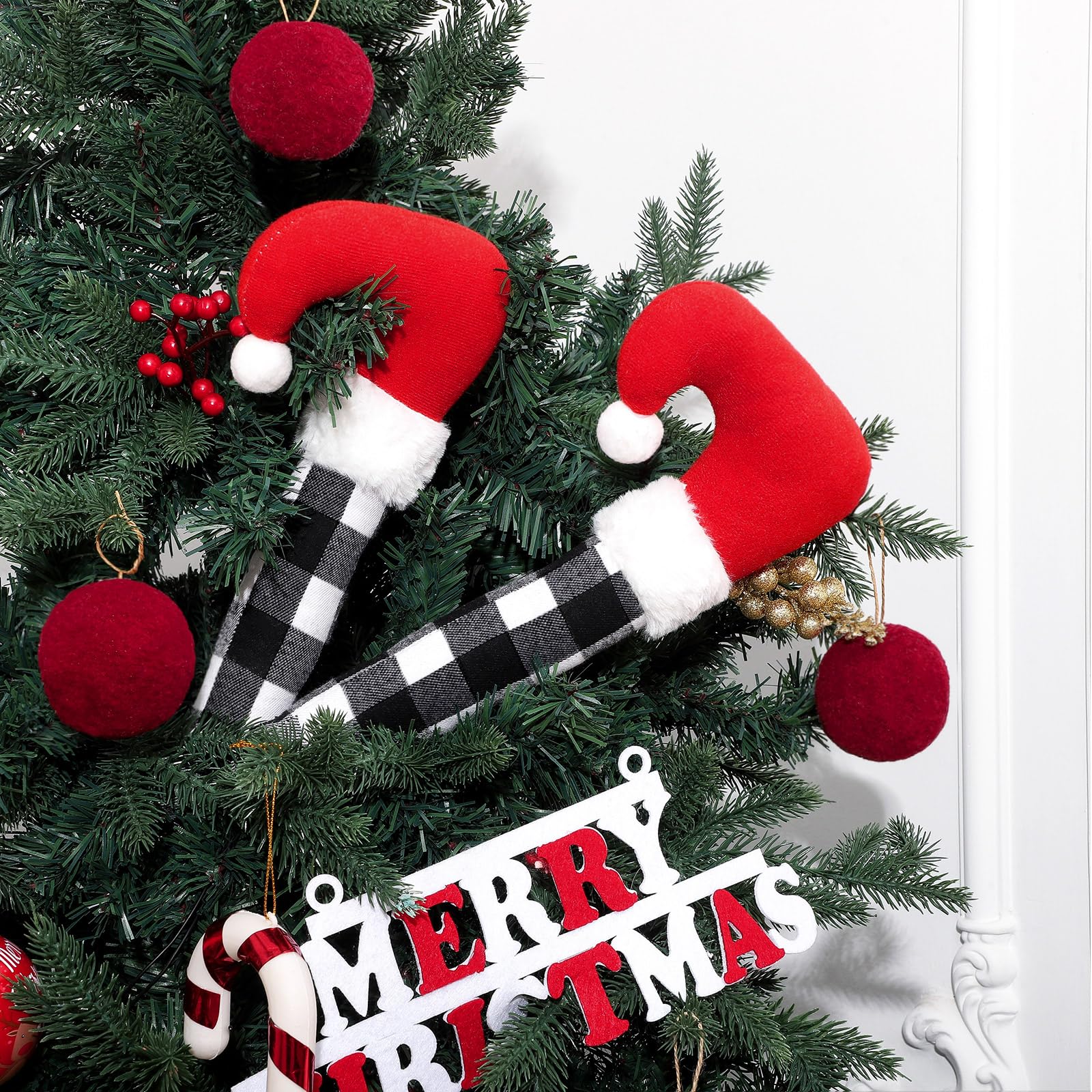 Aoriher Christmas Elf Legs Buffalo Plaid Elf Feet Tree Toppers Christmas Decorations Plush Stuffed Leg with Fixed Wire Tree Topper Festive Decorative Ornaments for Holiday Party(White Black)