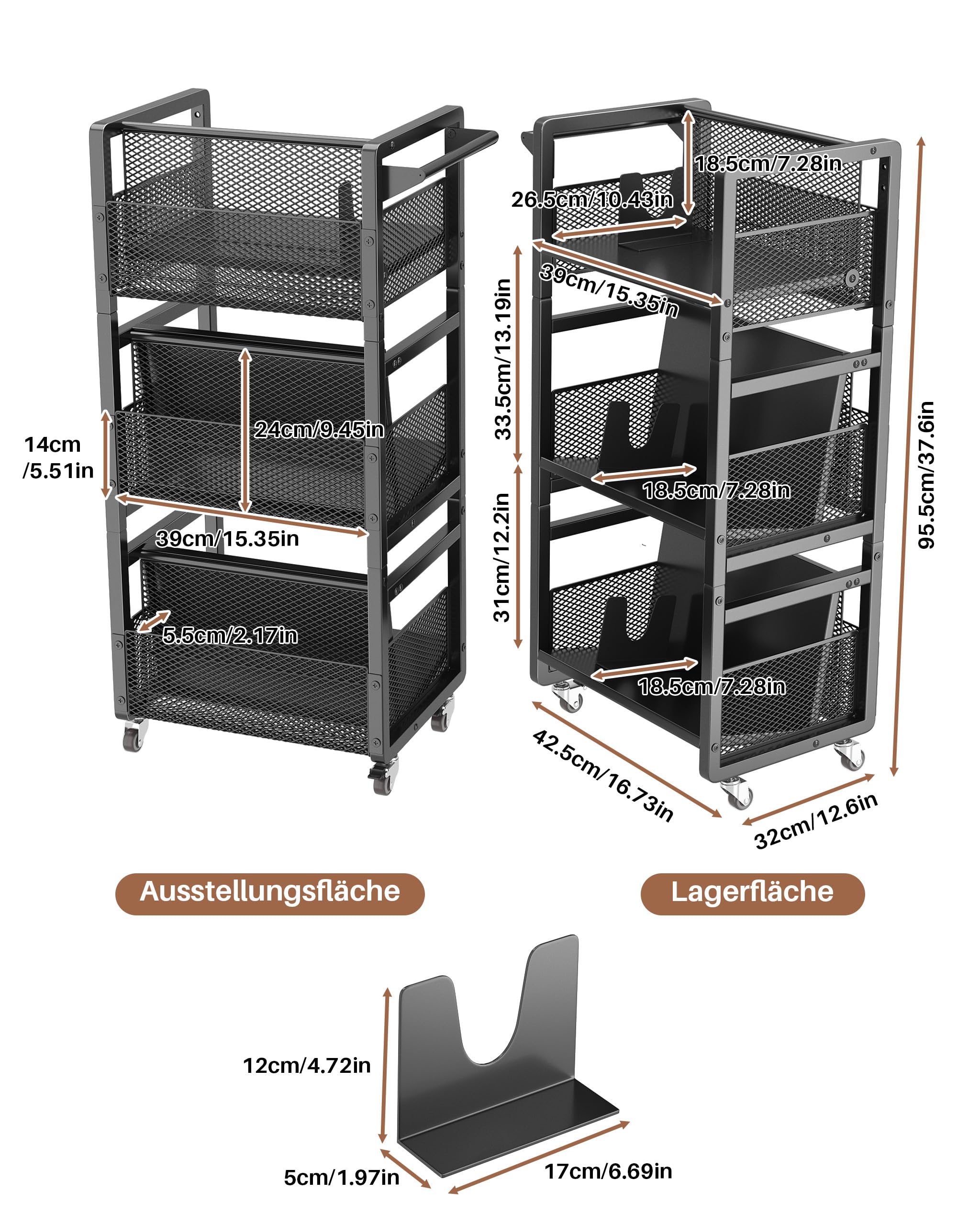 Mobiles Bücherregal mit Rollen, Metall Rollwagen mit 3 Etagen | 3 Magnetische Buchstützen, Handgriff, Beidseitig, 2 Feststellbare Lenkrollen, Büro, Wohnzimmer, Arbeitszimmer, Schwarz