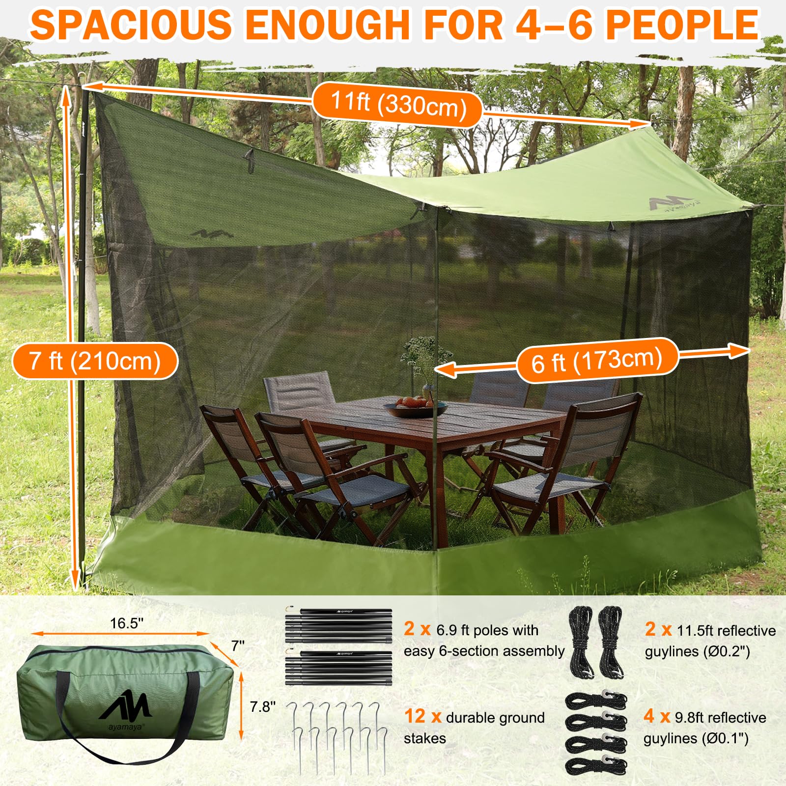 Bâche imperméable avec moustiquaire et barres, 3 x 5 m, ultra légère avec fermeture éclair, sardines, cordes de serrage pour hamacs, jardin, parc, terrasse, pic