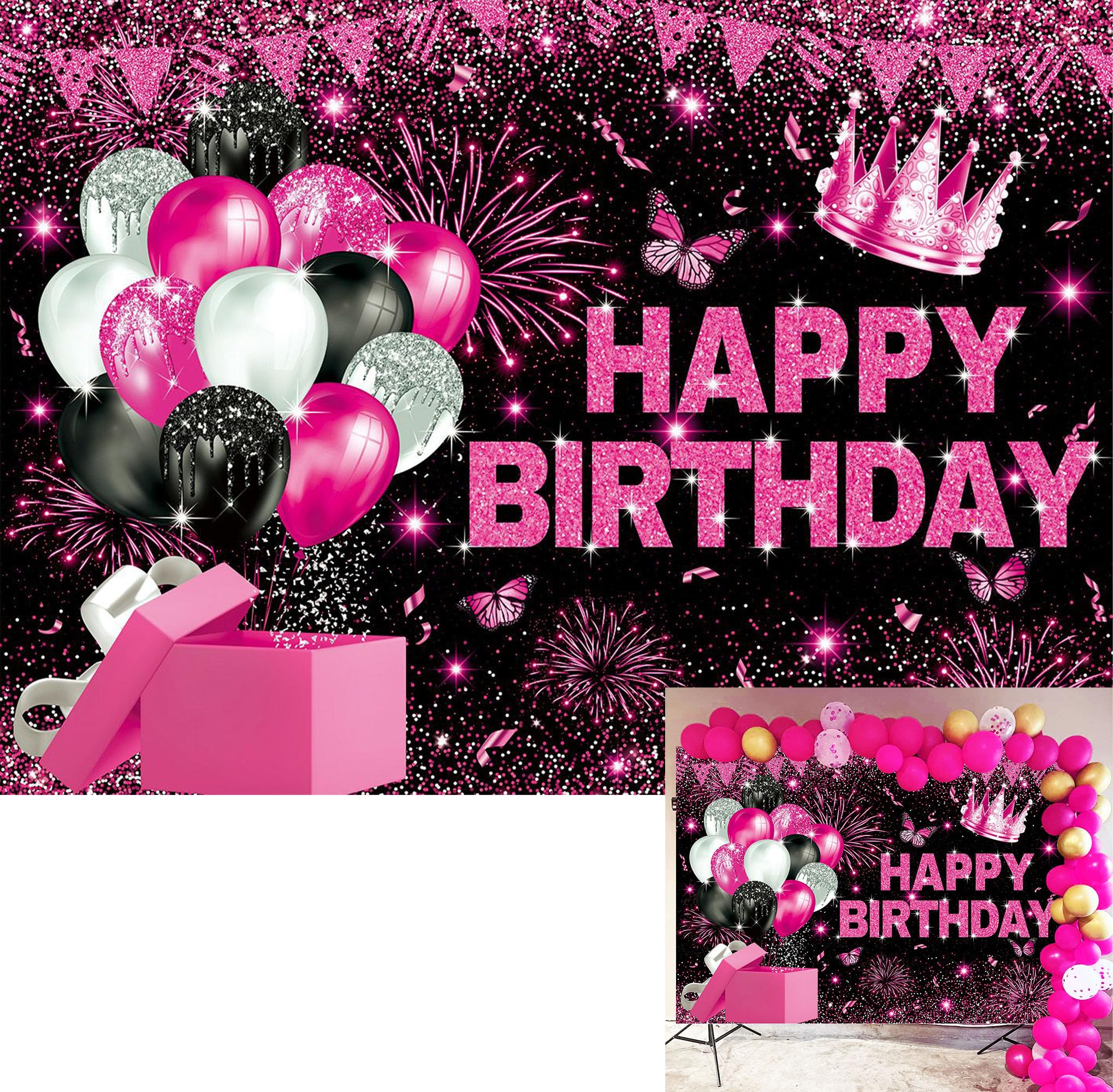 BINQOO 7x5ft Pink Girl Happy Birthday Backdrop Pink Backdrop for Birthday Party Baby Girl Birthday Banner Background Pink Baby Birthday Party Supplies