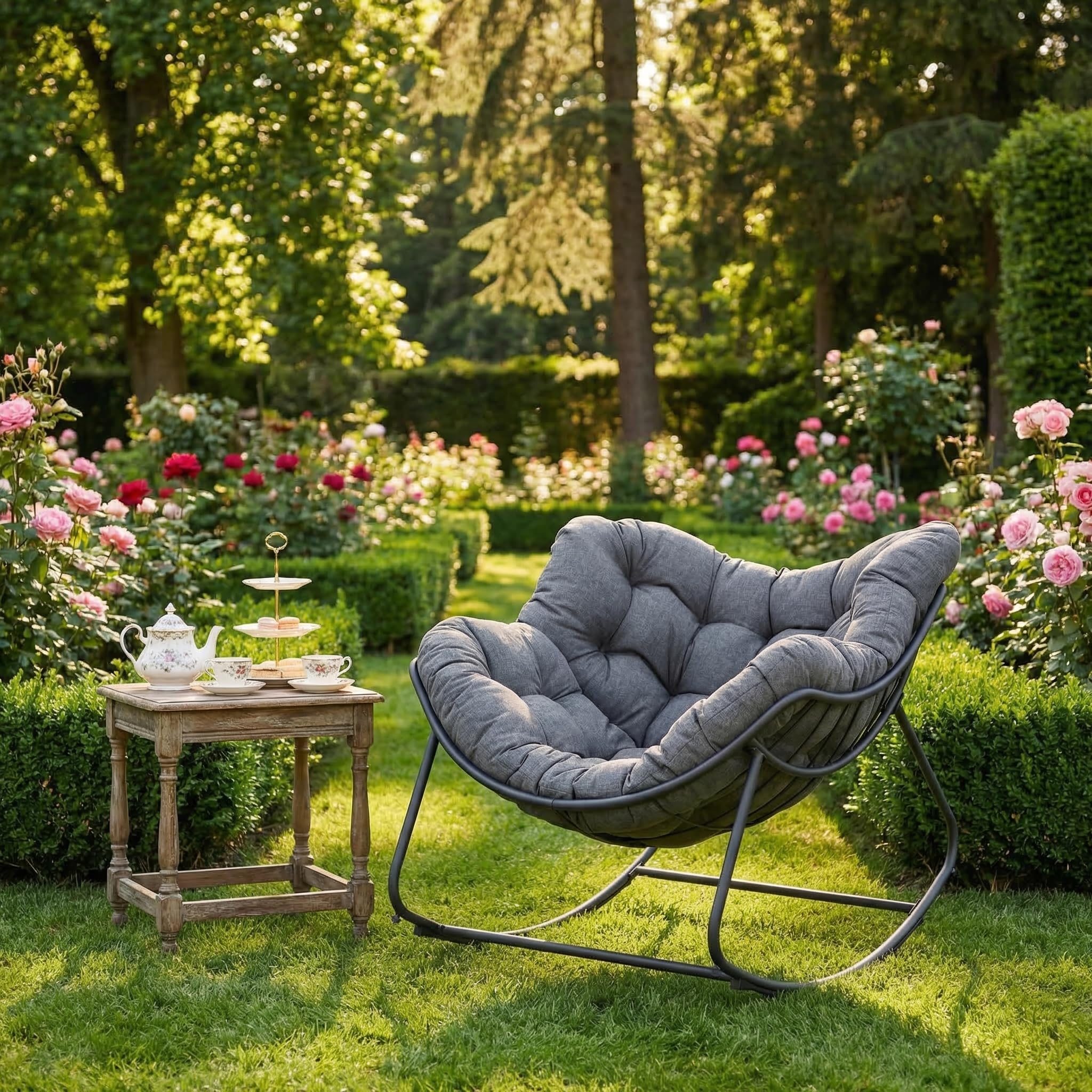 GREEN MORE Schaukelstuhl Ei-Stil mit XXL-Kissen, wetterfest & UV-beständig, für Garten Balkon Wohnzimmer, Stabiler Metallrahmen, gemütlicher Lounge-Sessel bis 160 kg, für drinnen & draußen Küche, Haushalt & Wohnen