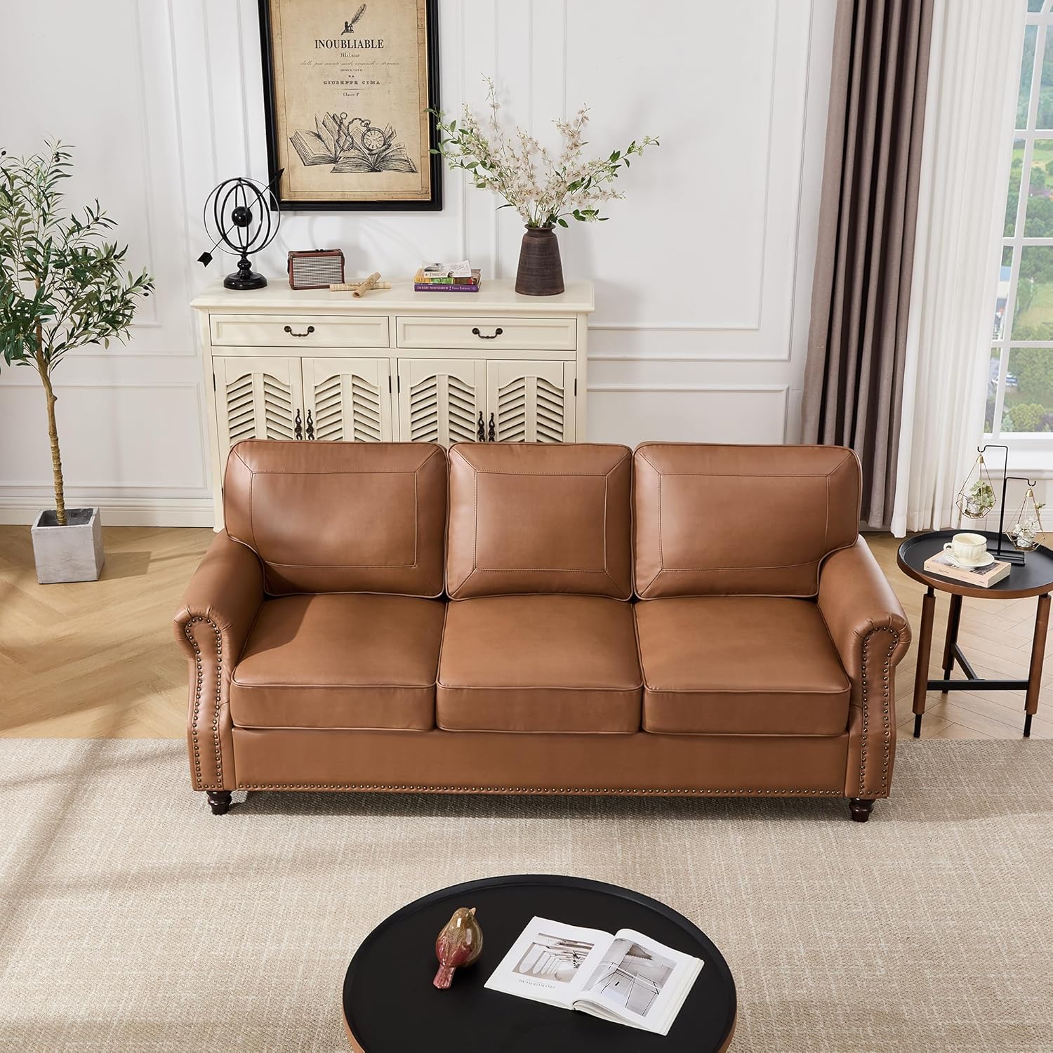 WILLOVE 79” Faux Leather Sofa, Classic 3 Seater Leather Couch with Rolled Arm and Nailhead Trim, Mid-Century Modern Couch for Living Room, Apartment, Easy to Install, Brown