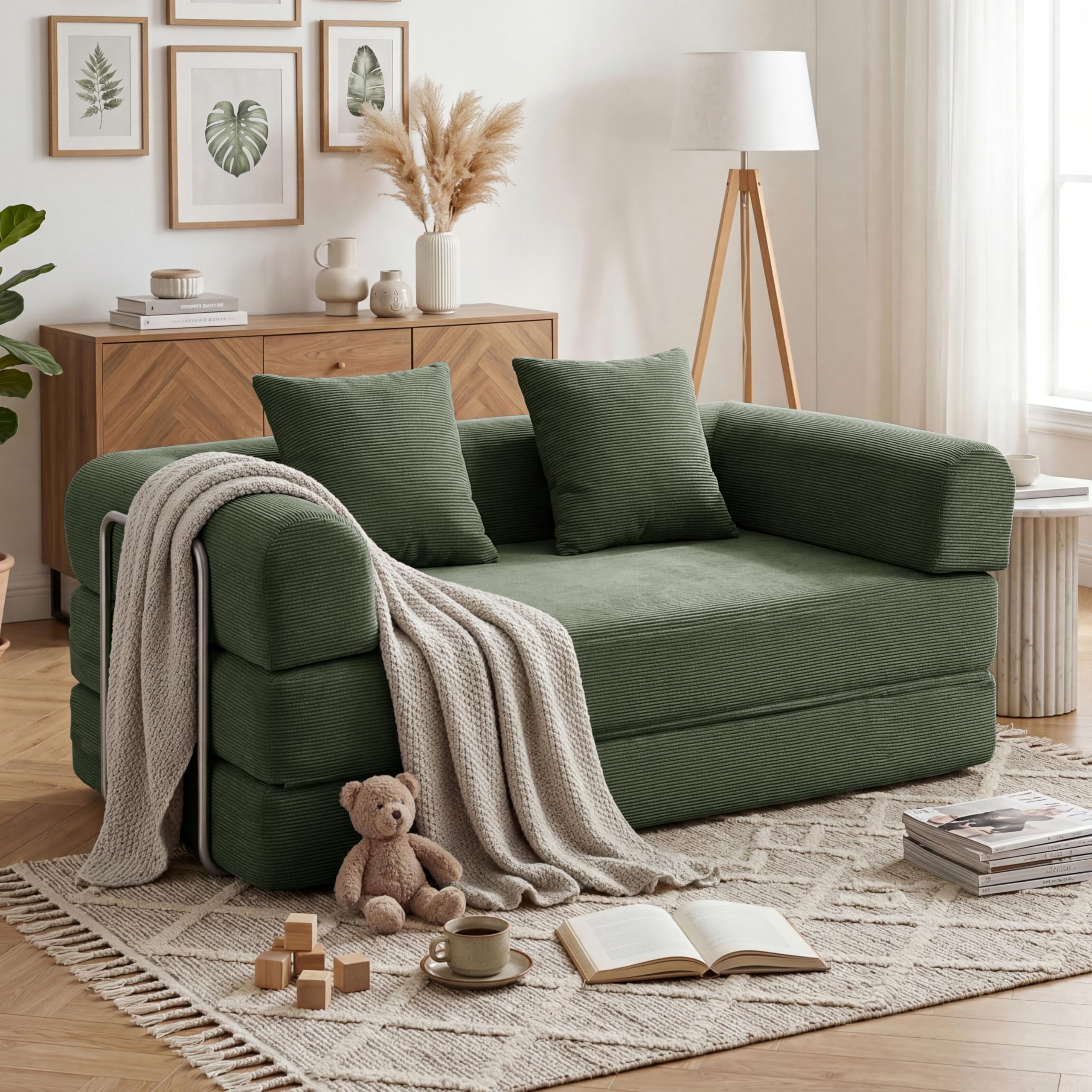 59'' Convertible Compressed Corduroy Folding Cloud Sofa Bed, Modern Boneless Pull Out Loveseat Sleeper in a Box, 4 in 1 Floor Mattress Futon Cloud Couch, No Assembly Needed, Green, 2 Pillows, Queen