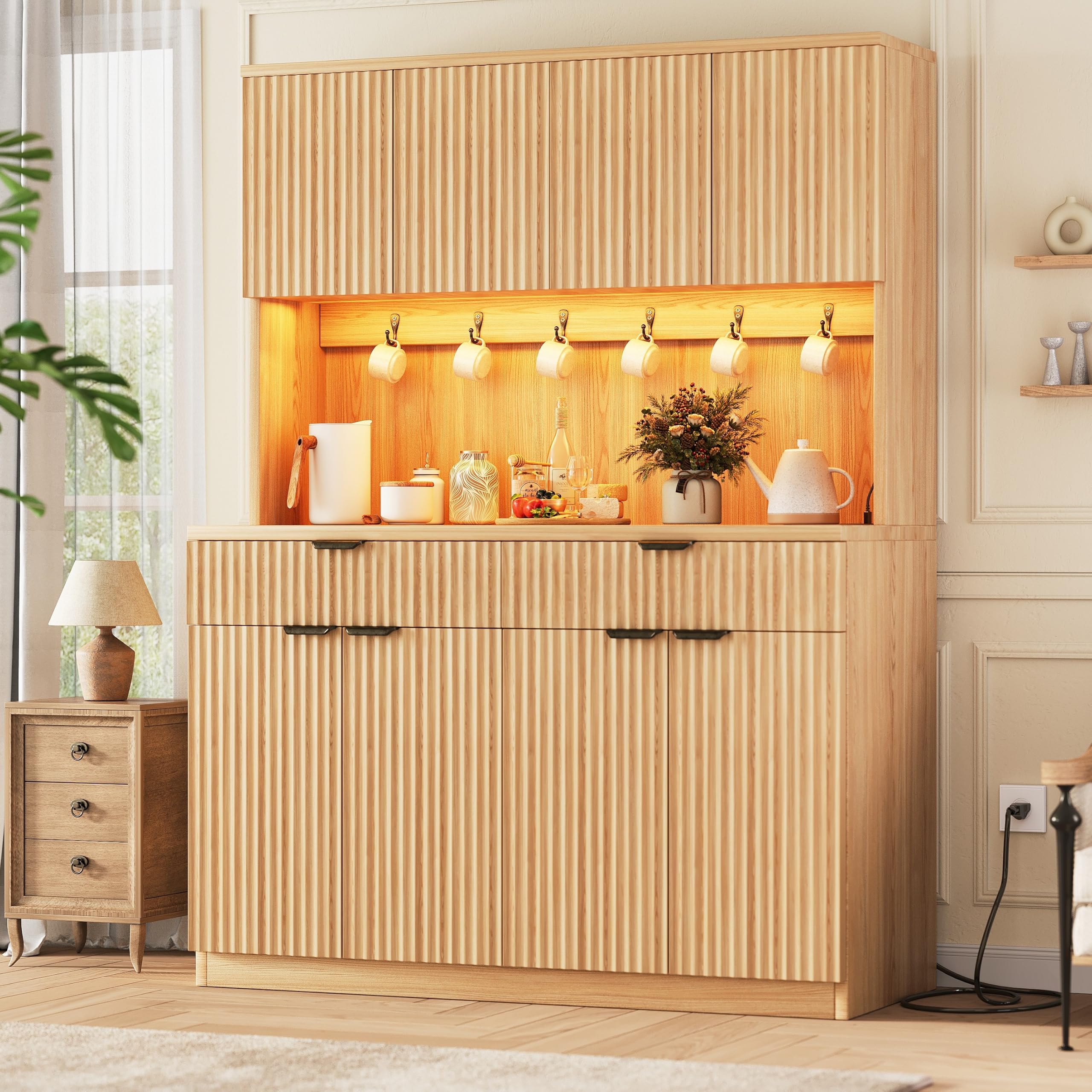 Jocoevol Fluted Kitchen Pantry Storage Cabinet with Charging Station & LED Lights,71" Tall Kitchen Hutch with Microwave Stand, Adjustable Shelves,Storage Doors (Natural, 47" W x71 Hx15.7 D)