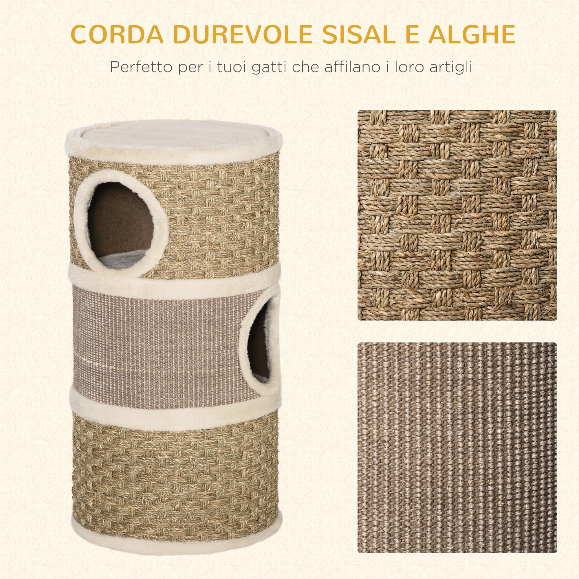 PawHut Casetta Cuccia per Gatti Tiragraffi a Torre con 3 Nicchie, Corda in Sisal e Alga Marina, Bordo Peluche, Khaki e Marrone