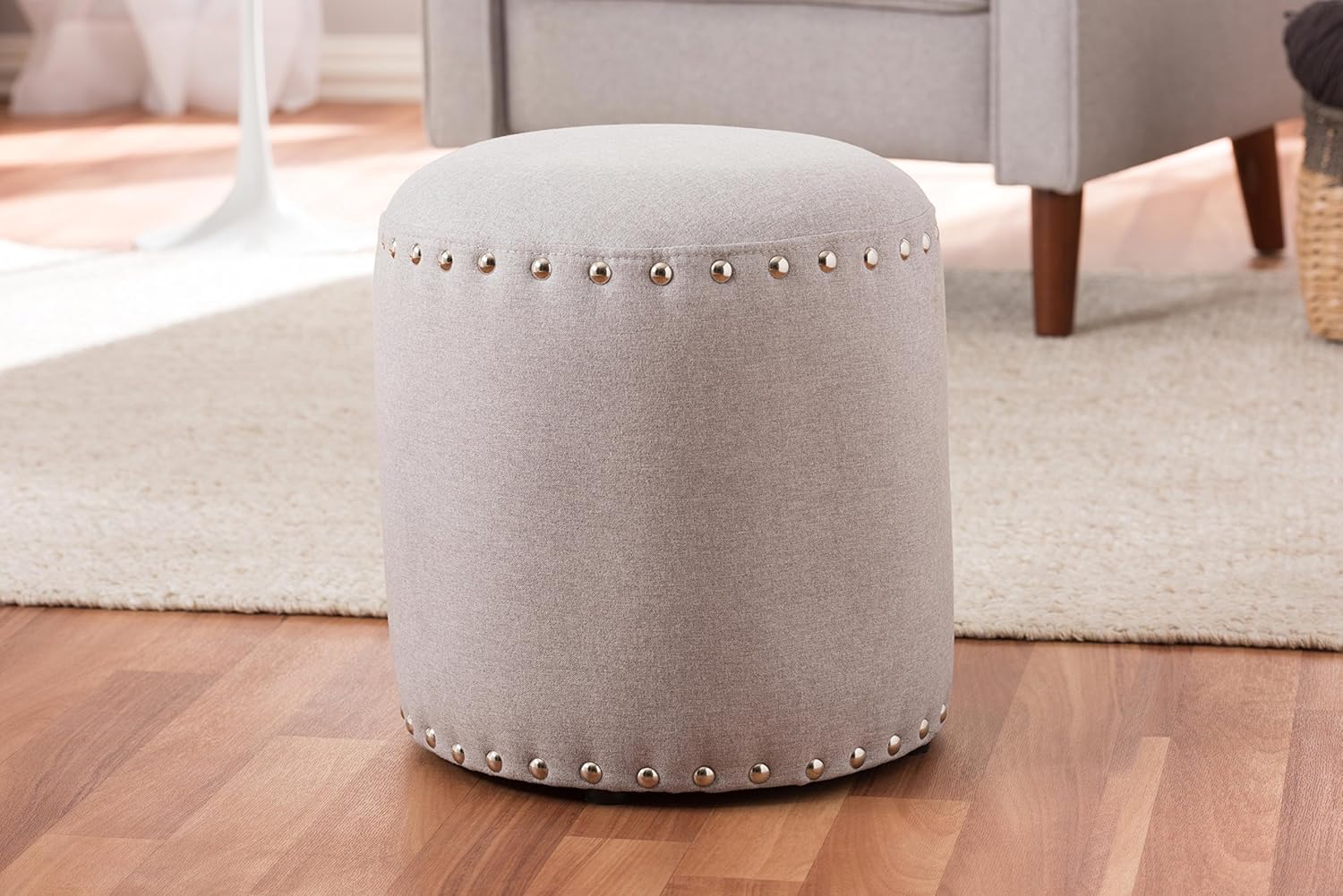 Baxton Studio Emilie Fabric Upholstered Nail Trim Ottoman, Light Grey