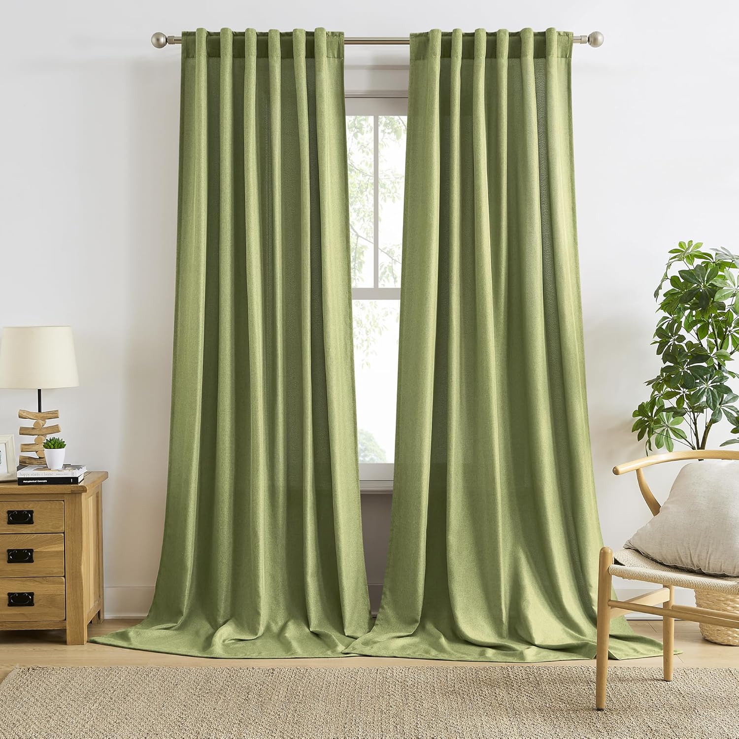 RAIN CITY Sage Green Curtains 108 Inches Long 2 Panels Set Back Tab Rod Pocket Light Filtering Semi Sheer Linen Textured Spring Summer Airy Draeps for Living Room Bedroom Boho Decor 50x108 9 FT