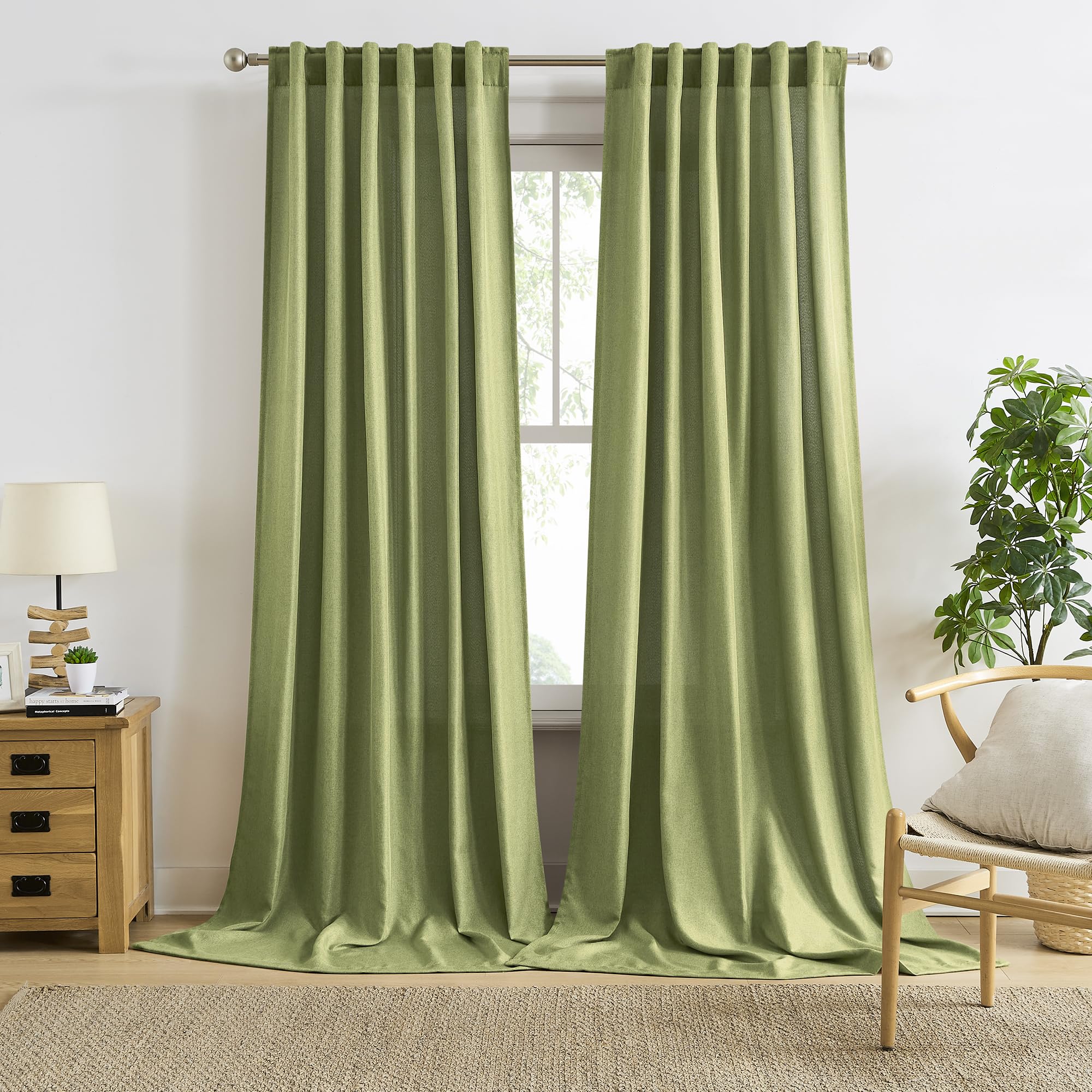 RAIN CITY Sage Green Curtains 108 Inches Long 2 Panels Set Back Tab Rod Pocket Light Filtering Semi Sheer Linen Textured Spring Summer Airy Draeps for Living Room Bedroom Boho Decor 50x108 9 FT