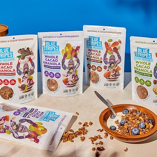 Miniatura 7 de Blue Stripes Granola de cacao entero con mantequilla de maní y plátano, 8 onzas
