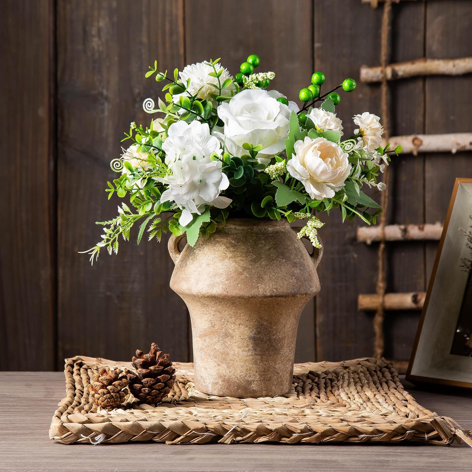 Rustice Vase for Flowers, 7in Decorative Farmhouse Vases for Pampas Grass, Vintage vase for Centerpieces, Terracotta Wide Open Vases with Handle, Unique Ceramic Vase by Lyeec - Image 7