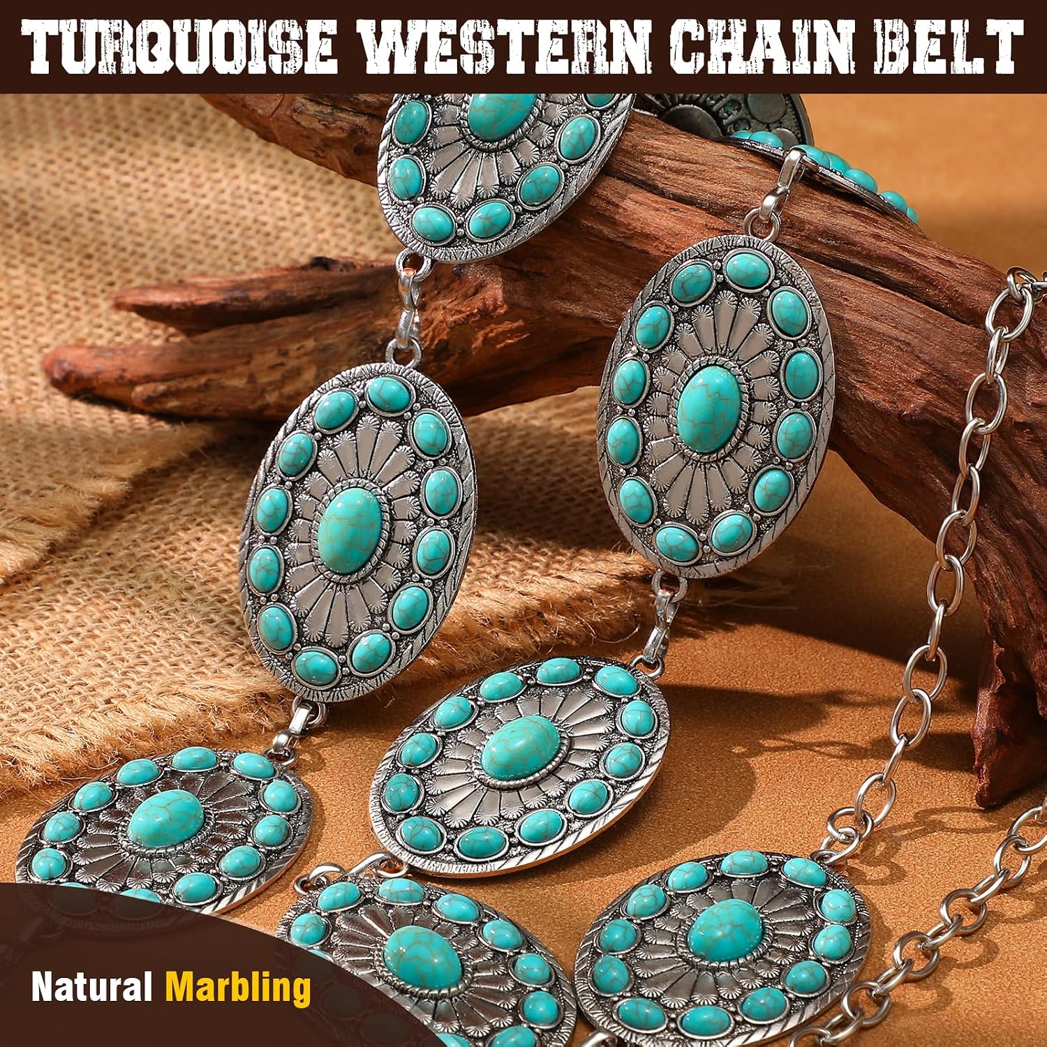XZQTIVE Western Metal Concho Turquoise Belt for Women,Cowgirl Silver Waist Chain Belt for Dresses Jeans Country Concerts
