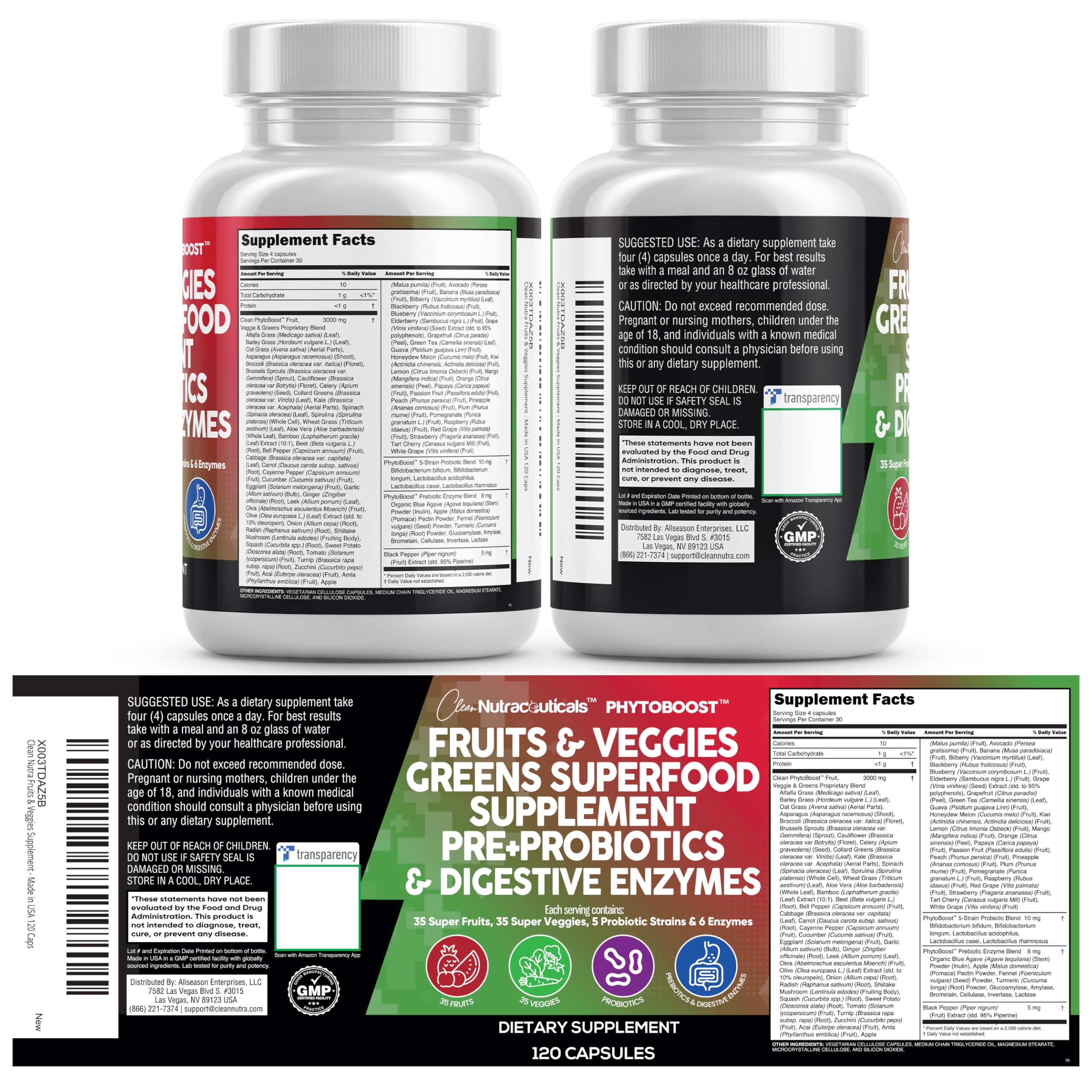 Clean Nutraceuticals Fruits and Veggies Supplement Reds & Green Superfood - Balance of Over 70 Fruit & Vegetable Supplements Capsules with Probiotics Prebiotics Digestive Enzymes - 120 Ct USA — Amazon image 9