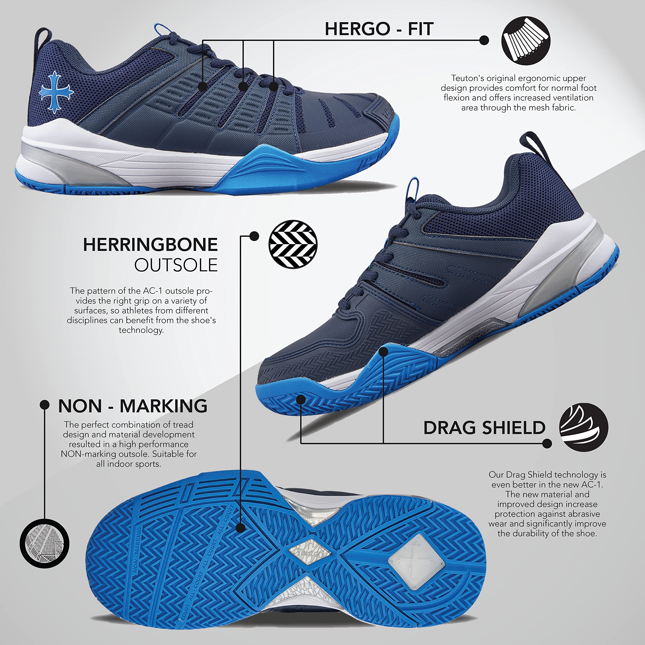 Teuton, AC1 All-Court Shoes, buty halowe, do squash, tenisa, piłki ręcznej, wiosła, do siatkówki, pickleball, buty do użytku wewnątrz