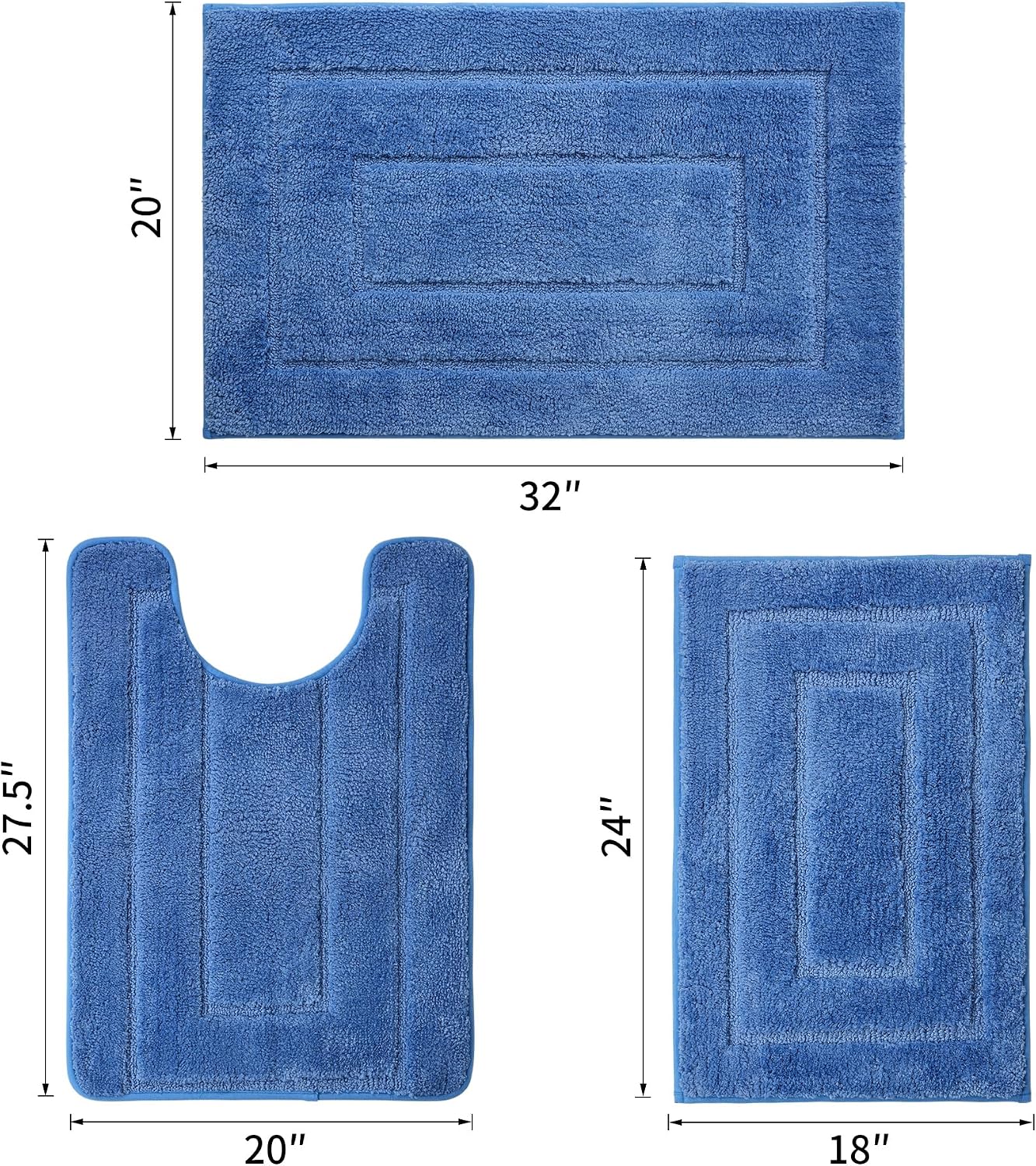 Bathroom Rugs Sets 3 Piece, with 20" x 28" U-Shaped Toilet Rug, Ultra Absorbent and Super Soft Touch, Non-Slip, Microfiber Plush,Rectangular Pattern, Quick Dry Bath Mats for Bathroom, Tub, Bedroom