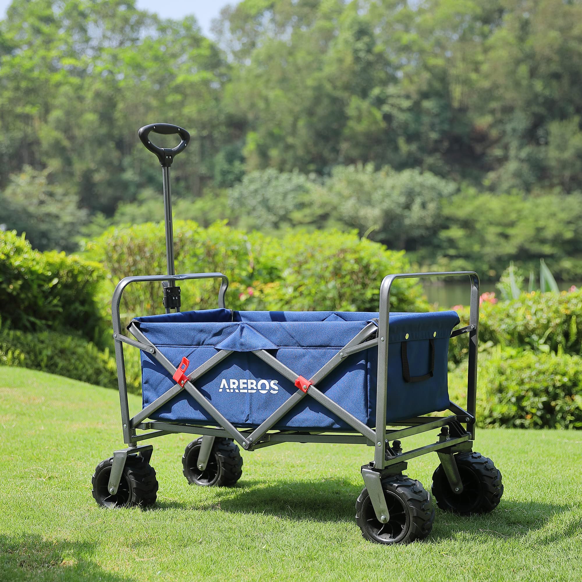 Arebos Chariot Pliable de Transport | Bollerwagen Pliable Tout-Terrain avec Roues XL | Chariot de Jardin et Plage | Chariot de Courses Robuste pour Camping, Pique-Nique et Loisirs | Bleu