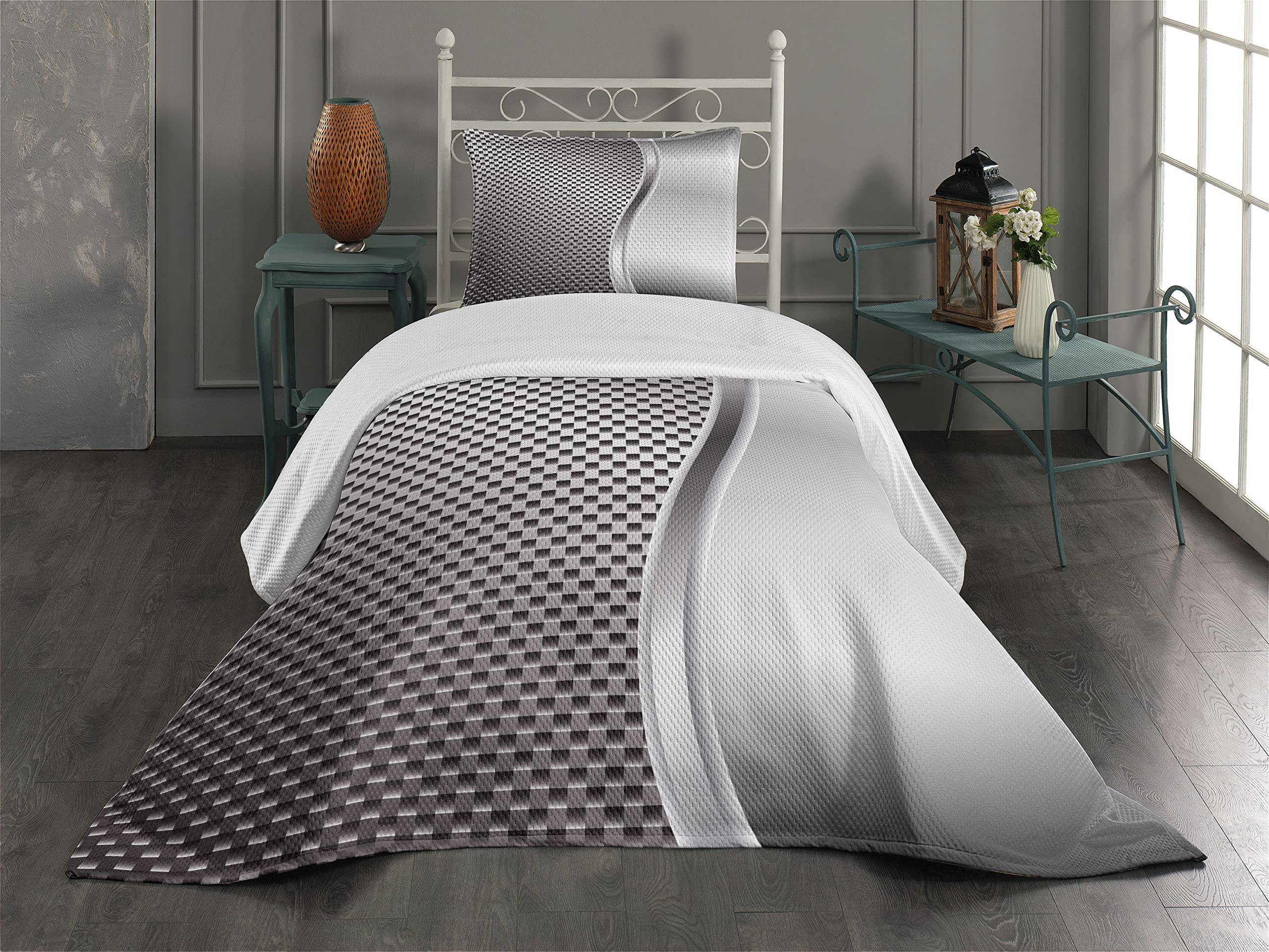 Ambesonne Dark Blue Coverlet, Cool Background with Square Shaped Grid Speaker Featured Industrial Iron Design Print, 2 Piece Decorative Quilted Bedspread Set with 1 Pillow Sham, Twin Size, Dark Blue