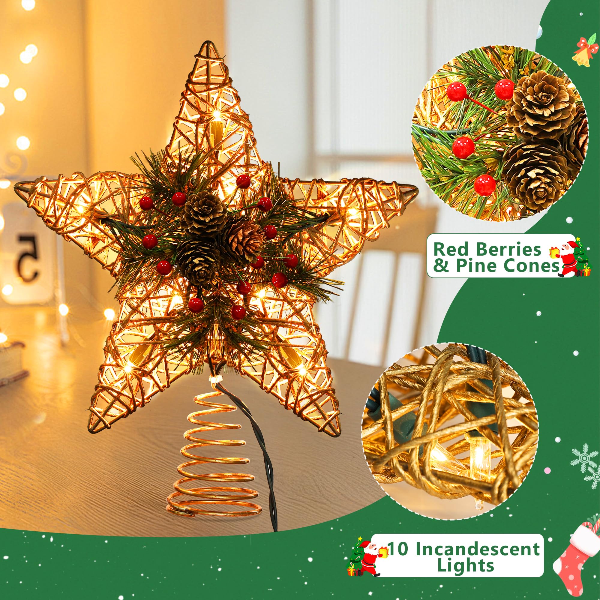 BrizLabs Étoile en rotin avec 10 lumières chaudes, 28 cm, certifié UL, décoration d'intérieur