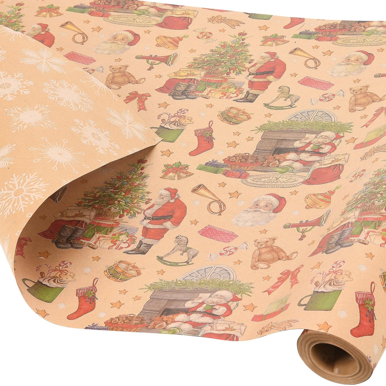 AhfuLife Christmas Kraft Wrapping Paper Roll, Xmas Recyclable Gift Wrap