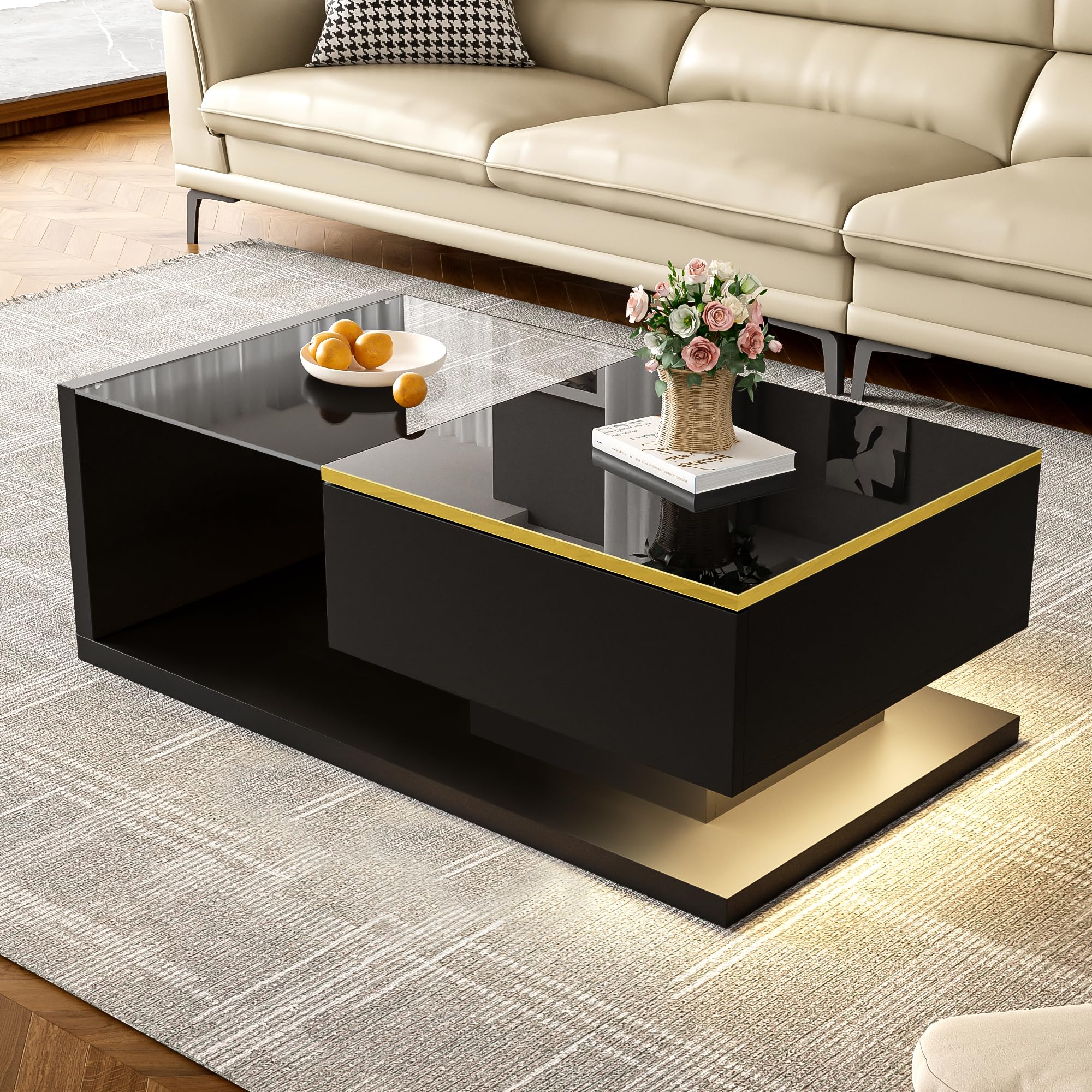 ModernLuxe Coffee Table for Living Room, High-Gloss Design Coffee Table with Storage and LED Effect, Spacious Storage Compartment and Open Shelves, Tempered Glass Top, Black, 90x50x32.5cm