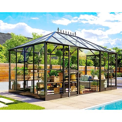 Jocisland 14x9.5x9 FT Polycarbonate Greenhouse with Clear Panels- 6 FT Wall Height Outdoor Aluminum Greenhouses with 2 Vents, Double Doors with Hook, Walk-in Greenhouse for Backyard Garden
