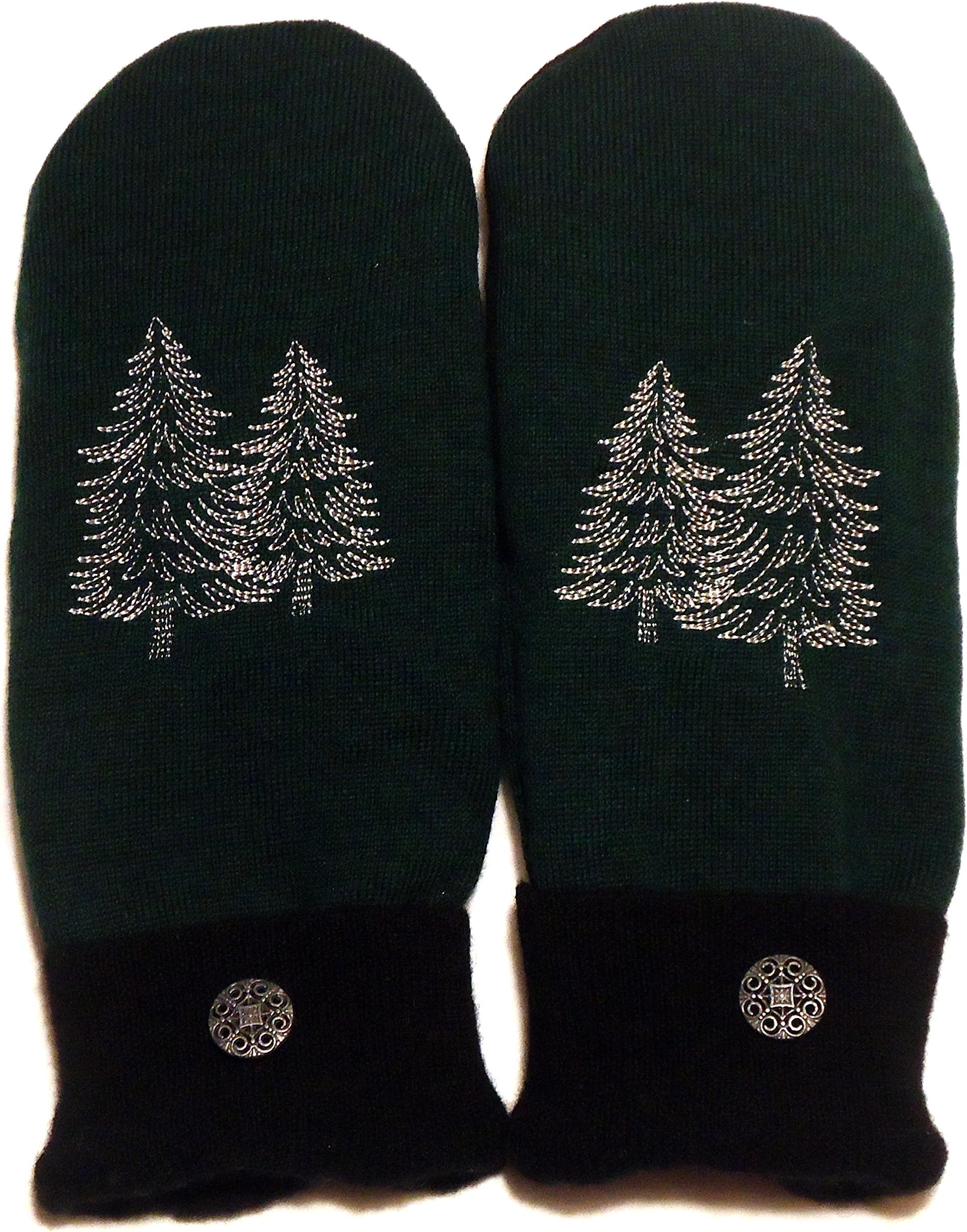 Integrity Designs Sweater Mittens, 100% Wool, Green and Black Color with Polar Fleece Lining, Adult Size Large, Super Thick, Pine Trees Motif Embroidery, Contrasting Button