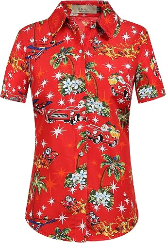 SSLR Womens Button Down Shirts Santa Claus Short Sleeve Blouse Hawaiian Christmas Shirts for Women