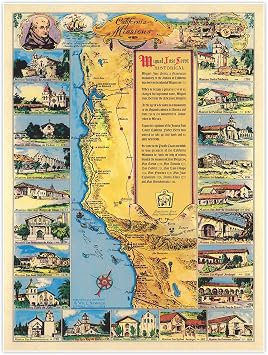 Antiguos Maps California Missions Pictorial Illustration circa 1949 | Art Print Poster Vintage Wall Decor | 18 x 24 inches