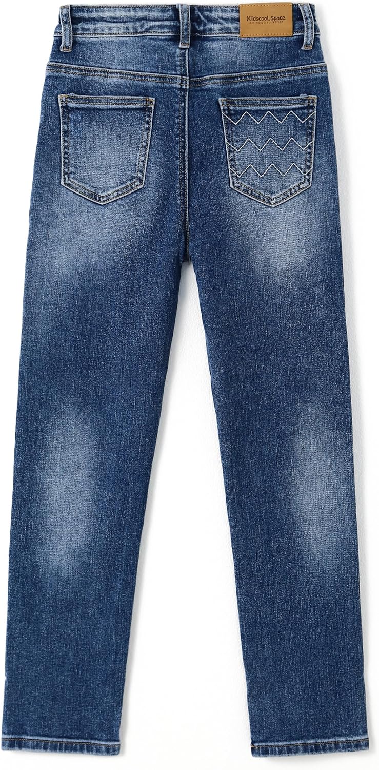 KIDSCOOL SPACE Girl Jeans,Little Kid Ripped Elastic Band Inside Straight Slim Fit Denim Jeans Pants - Image 2