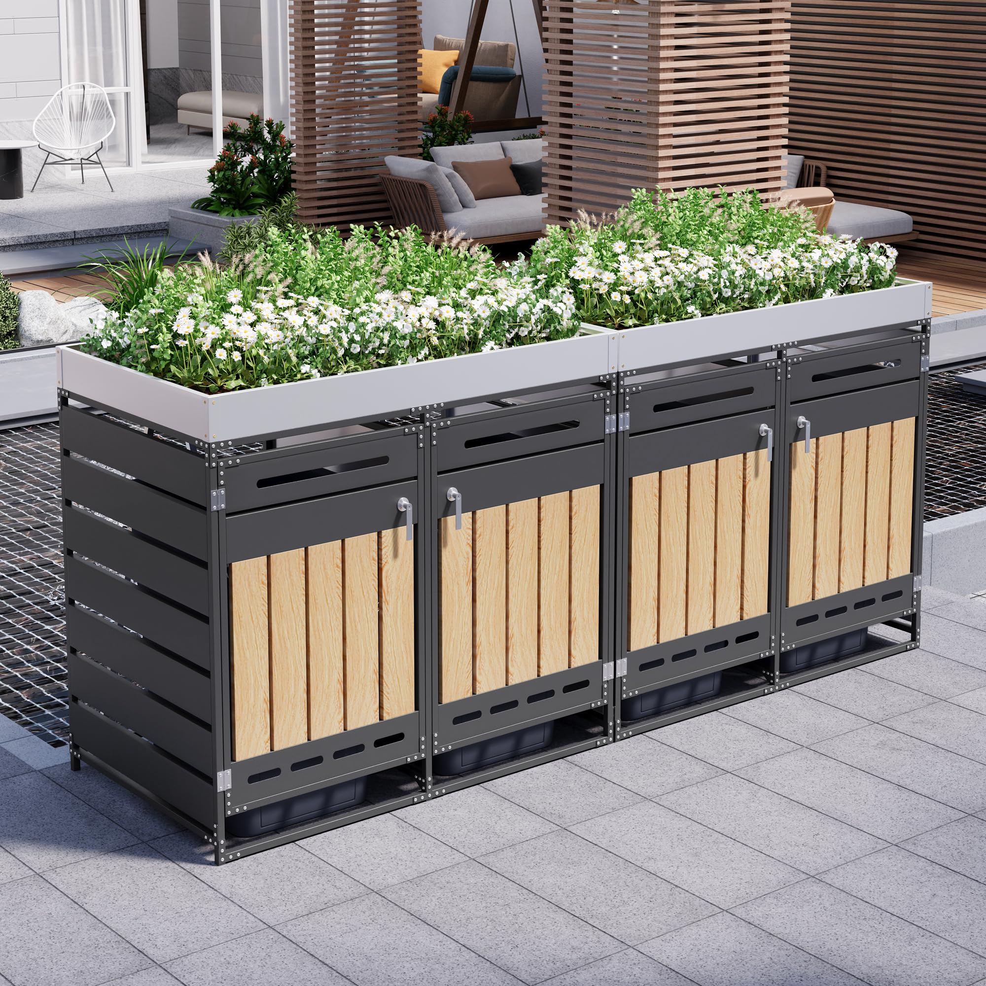 Merax Contenedor de basura de 4 puertas con jardinera, armario de almacenamiento de hierro para jardín, revestimiento para contenedores de basura con cerradura para 4 toneladas, resistente a la