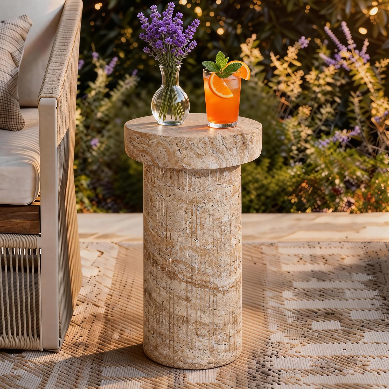 Side Table, 24" Travertine Pedestal End Table, 3-in-1 Durable Lightweight Outdoor Round Coffee Table, Decorative Patio Accent Table Fluted Garden Stool Art Decor for Balcony, Living Room, Beige